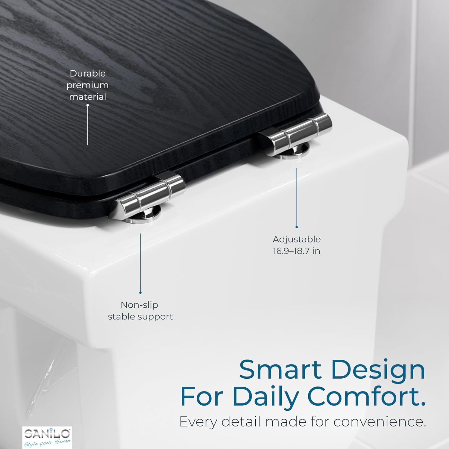 SANILO Wooden Toilet Seat with Soft Close [ROUND] - Decorative, Quiet & Slow Close Molded Wood Seat - With Strong Bumpers & Hinges - Adjustable Fit – Black Wood