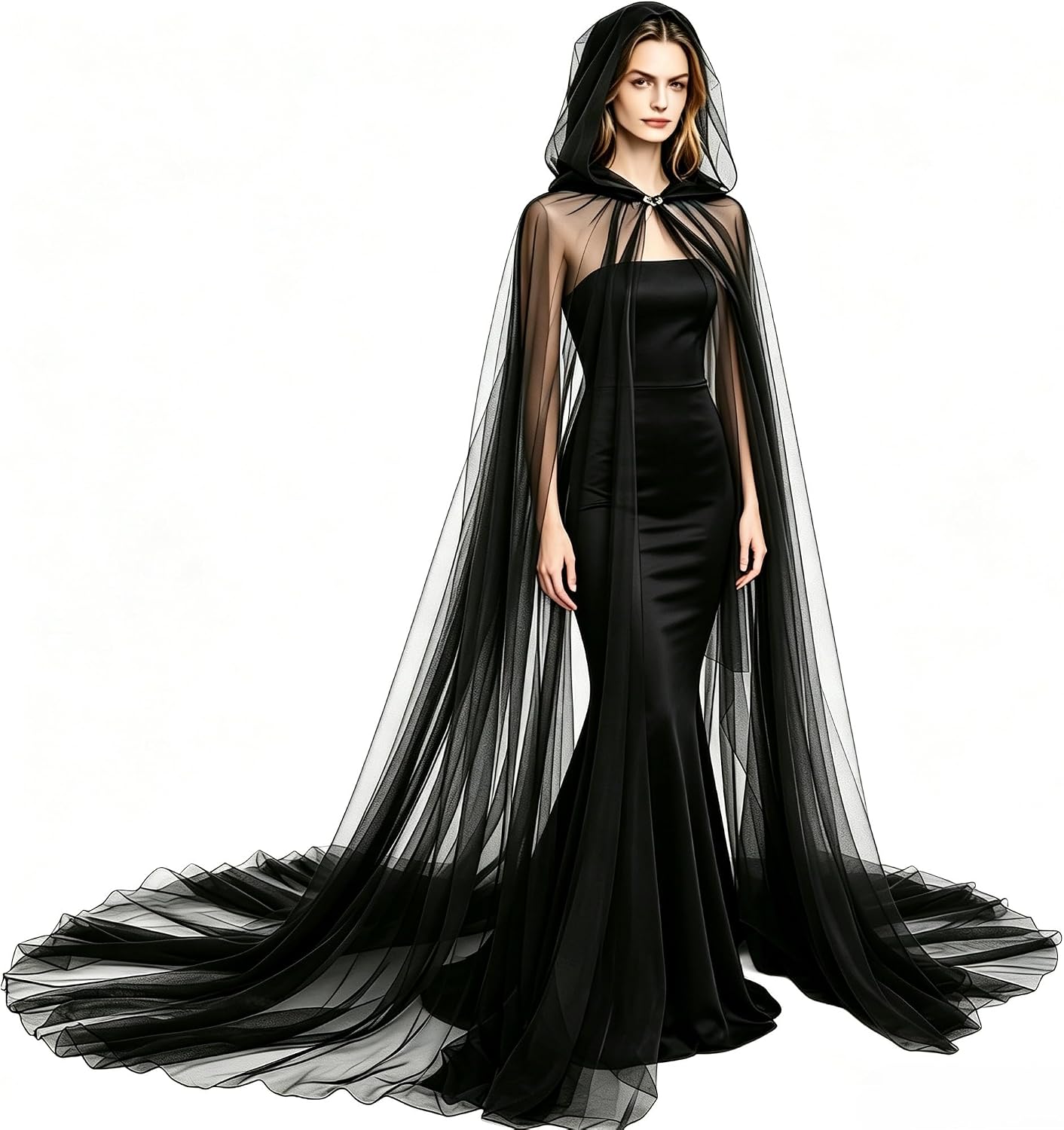 Women Hooded Tulle Cape Cloak Poncho Halloween Bridal Cosplay Wedding Dress