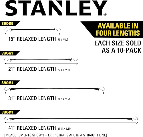 Miniatura 7 de STANLEY S300421 - Cuerdas elásticas de goma negras de 21 pulgadas para todo tipo de clima con ganchos en S para asegurar lonas, transportador de