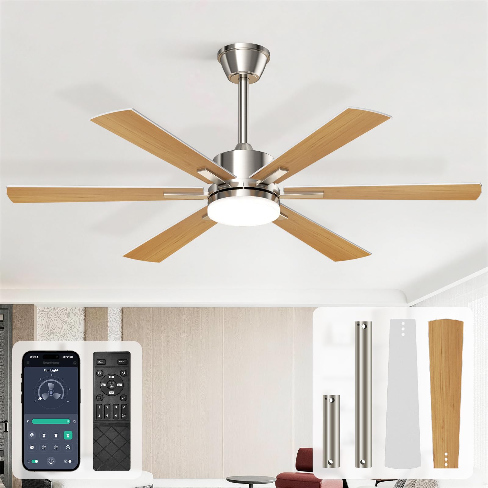 EppieBasic Ventilateur Plafond avec Lumiere Salon: 132 cm Ventilateur Plafond Moteur DC Silencieux avec Télécommande/Appli – 6 Vitesses, Design Moderne, 6 Pales Aspect Bois pour Chambre