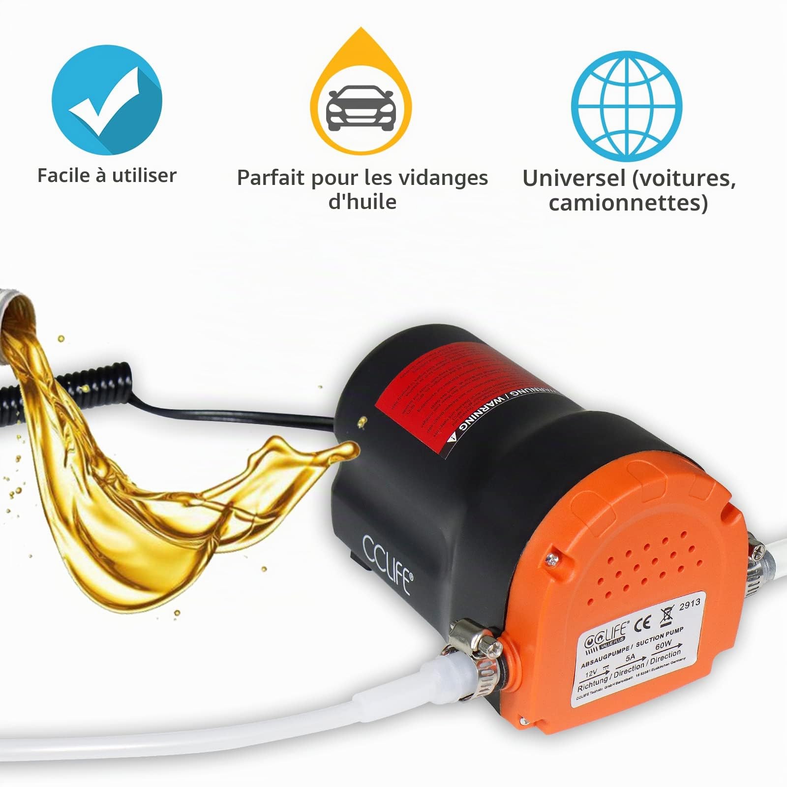CCLIFE Pompe Vidange Huile Moteur, Pompe Huile Vidange, Pompe a Huile Vidange Moteur Electrique Gasoil 12V 60W Aspirateur Huile Moteur Électrique Boite Carburant Voiture Aspiration Lidl Essence
