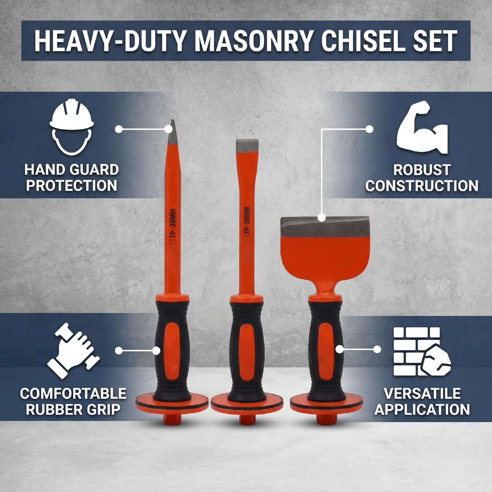 XUMIUZIY Masonry Chisel Set with Hand Guard, 12 Inch, 8.5 Inch | Acciaio ad alto tenore di carbonio, comoda impugnatura in gomma, versatile per mattoni, pietra, cemento