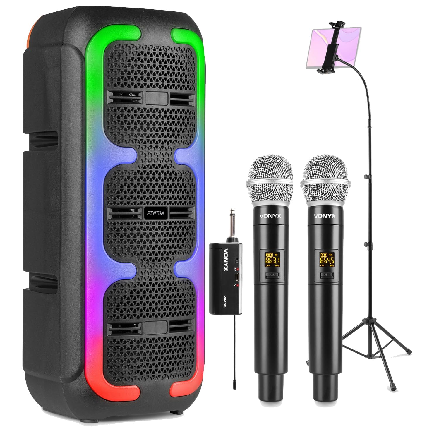 Fenton Track310 Bluetooth Karaoke Machine with Wireless Dual Microphones, LED Party Speaker System & Adjustable Tablet Stand – Portable Home Karaoke Setup for Adults