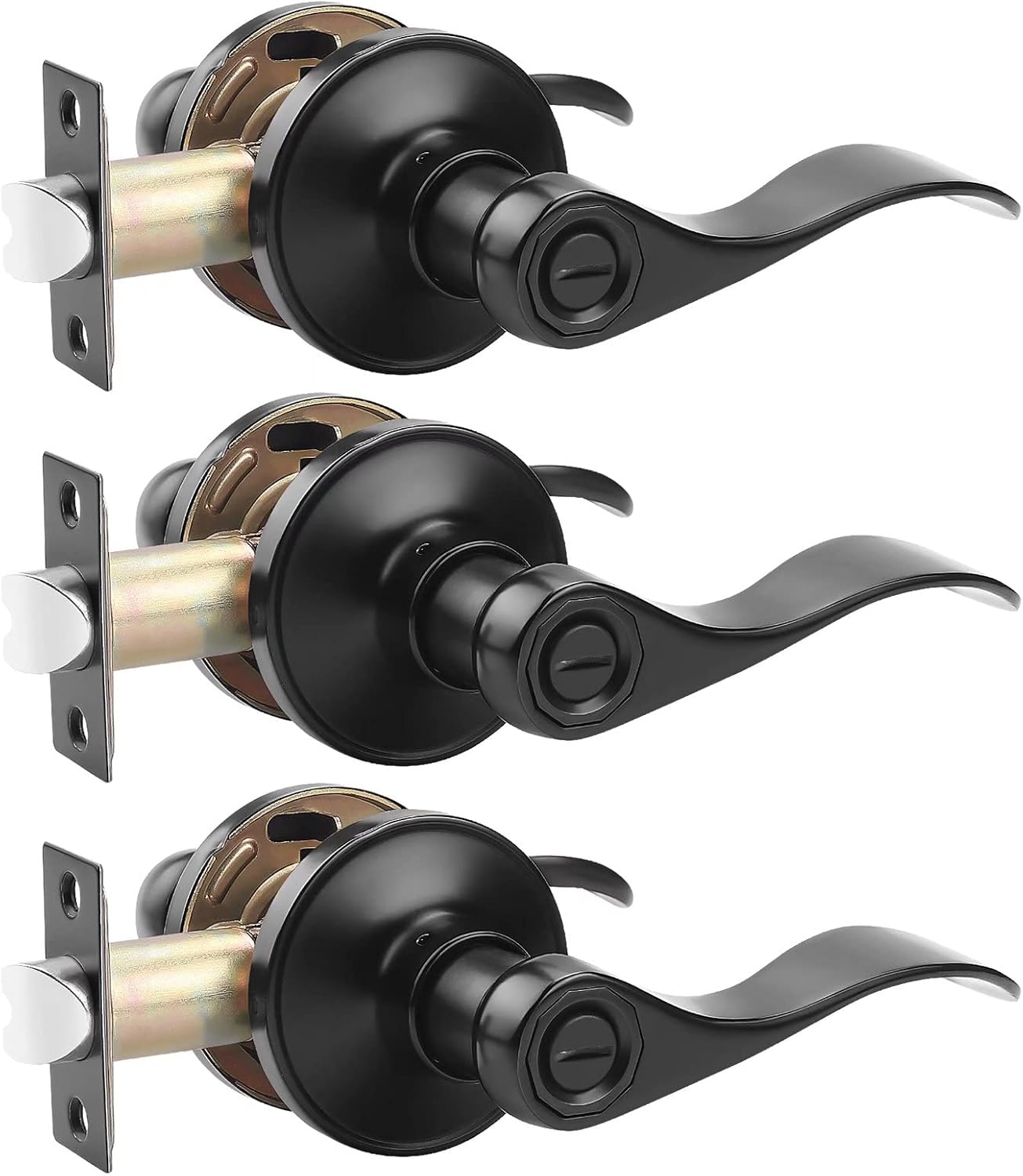 Probrico (3 Pack Privacy Door Lever,Locking Black Door Handle Set for Bathroom & Bedroom Doors,Keyless Interior Door Handle Black Finish Wave Door Lock, Reversible Right & Left Side Handed