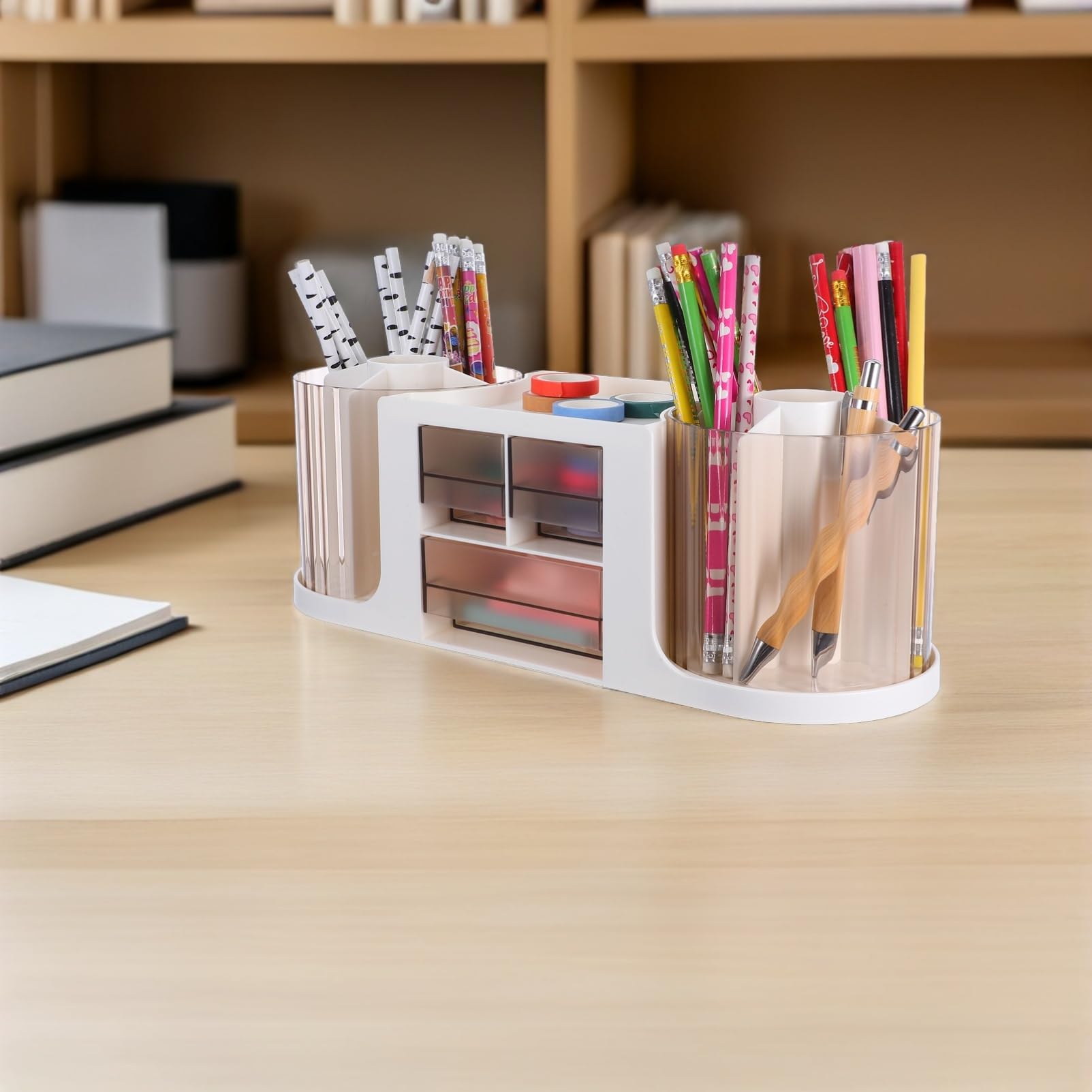 DOITOOL Organizador de Escritorio Giratorio con Cajón Portalápices Transparente Doble Rotación para de Oficina Almacenamiento de Papelería y Accesorios de Arte