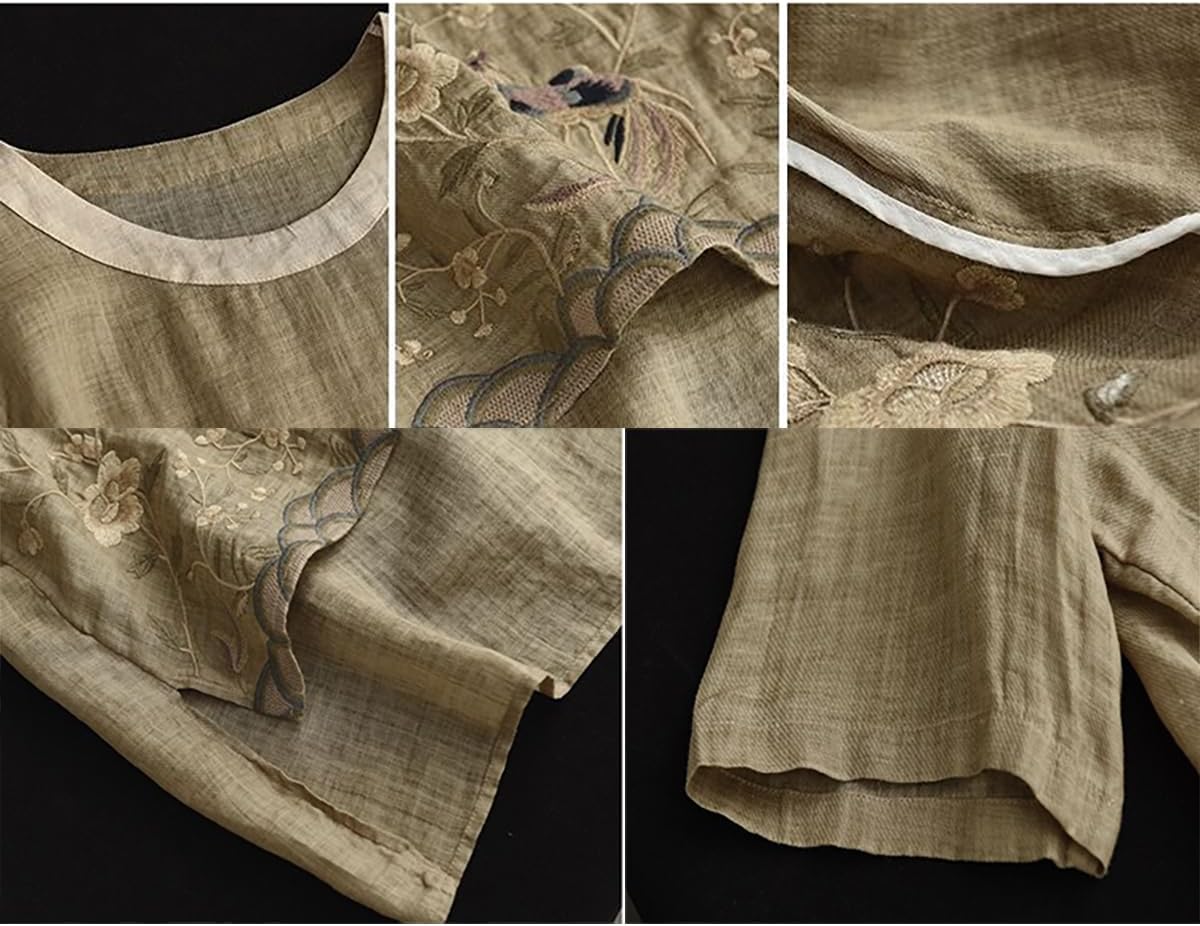 Chinese Retro Shirt, Heavy Industry Embroidered Linen Shirt, Color Blocking Round Neck Pullover T-Shirt - Image 6