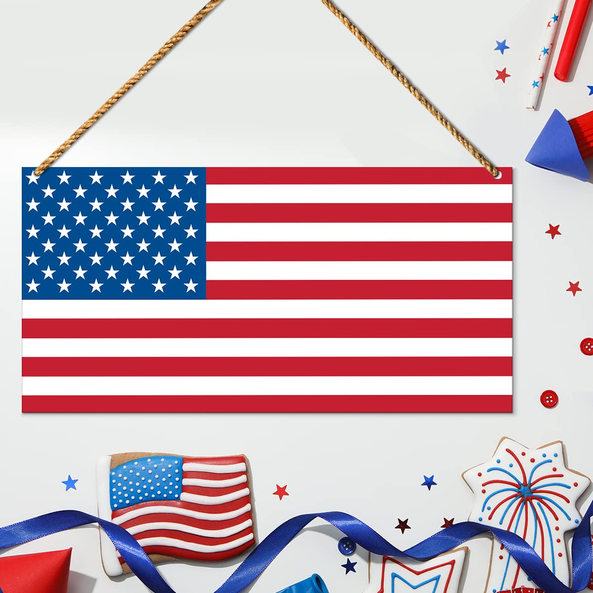 Patriotisches Türschild Zum 4. Juli - Holz, 30x23 Cm, Mit Aufhängeschnur, Amerikanische Flagge Design
