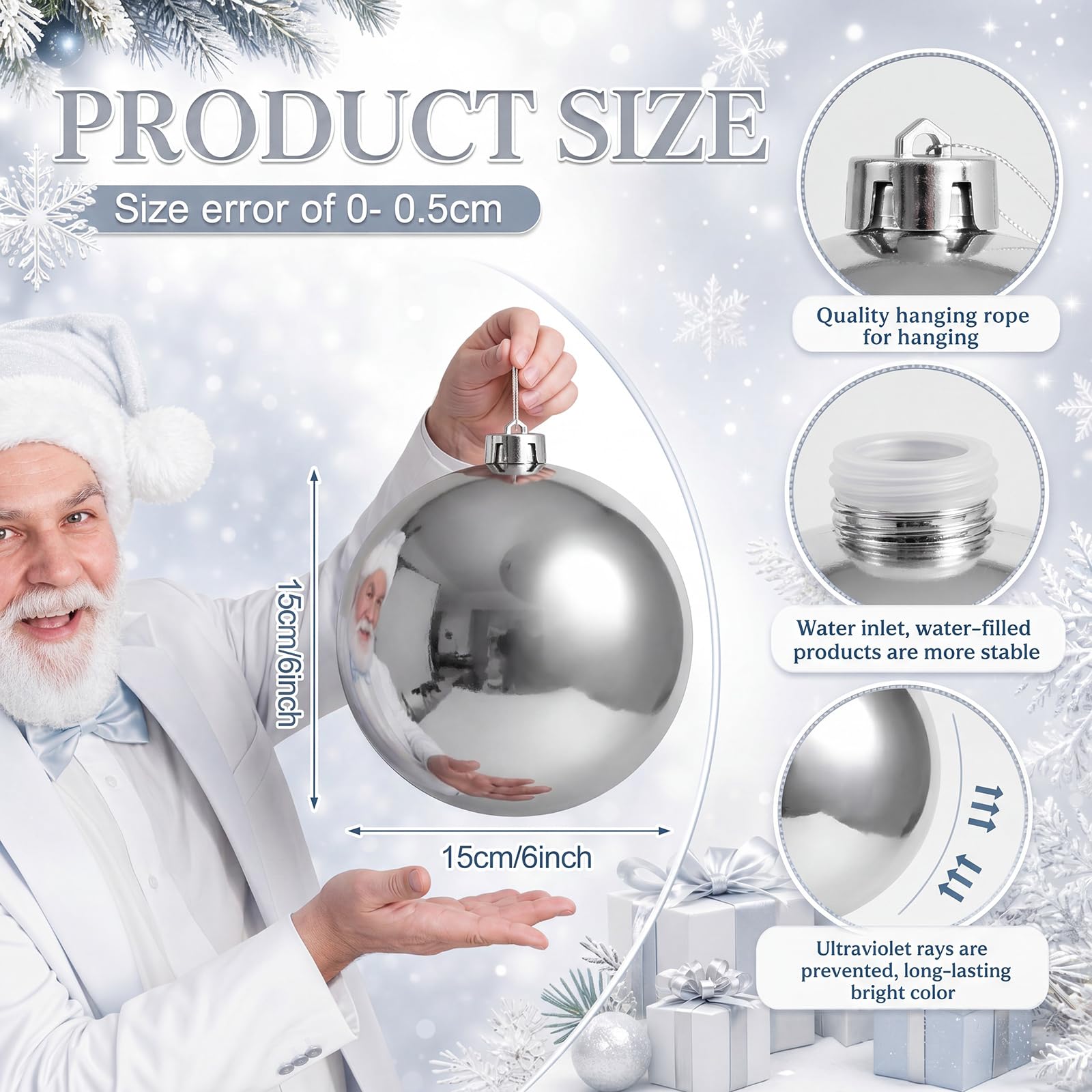 Threan Grande boule de Noël géante en plastique brillant incassable et anti-UV à suspendre pour sapin de Noël, extérieur et intérieur, 15,2 cm, argenté