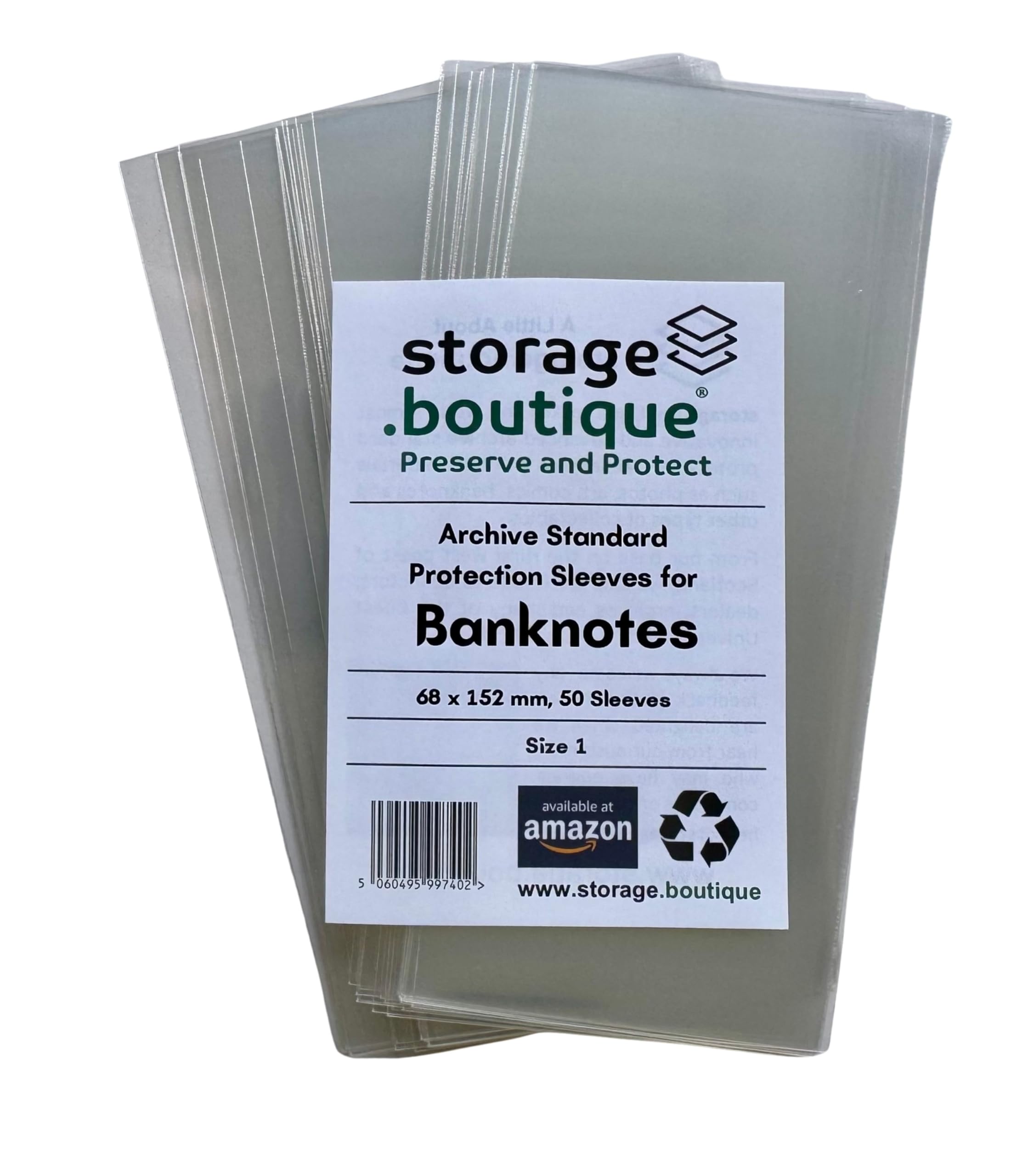 storage.boutique BANKNOTE Protection Sleeves, Archive Standard, Acid Free, Size 1, 68 x 152 mm, 50