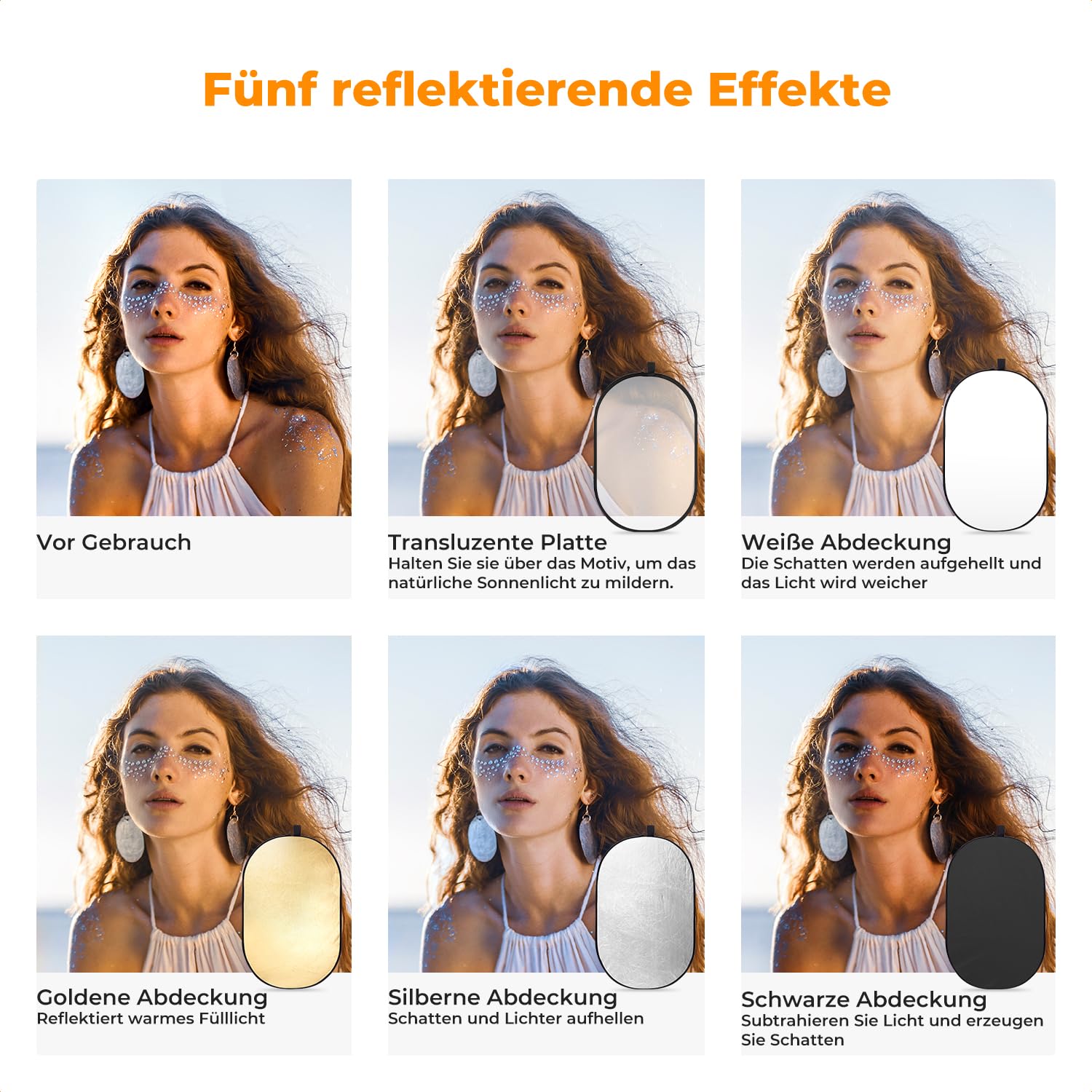 K&F CONCEPT 5 in1 Fotografie Licht Reflector 100x150cm Oval Diffusor Fotografie Faltreflektor für Portrait Foto Selfie Hochzeitsfotografie Außenbeleuchtung mit Tragetasche