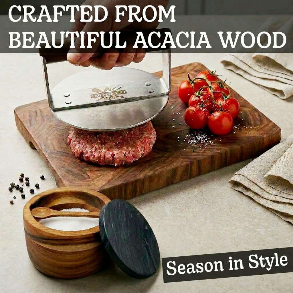 Dan&Co Salero de madera de acacia con cuchara integrada y tapa de mármol de 10 onzas, cerdo de sal para cocina, olla sellada para condimentos, recipiente para pimienta, especias, hierbas, patas de