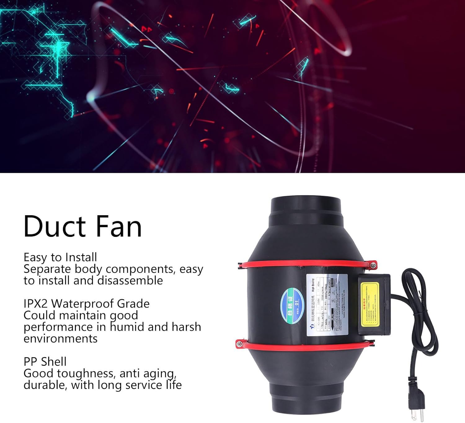 Duct fan with text highlighting easy installation, IPX2 waterproof grade, and PP shell