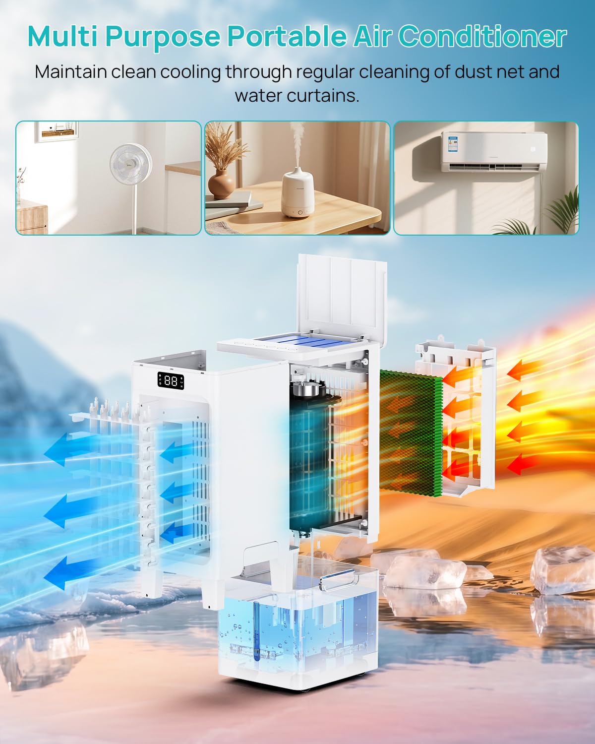 Aire Acondicionado Portatil 4 en 1, Enfriador de Aire con 4 Modos & 3 Velocidades, Temporizador 1-12H, Oscilación,Tanque de 6L, 4 Packs de Hielo, Control Remoto, Silencioso, para Oficina Hogar