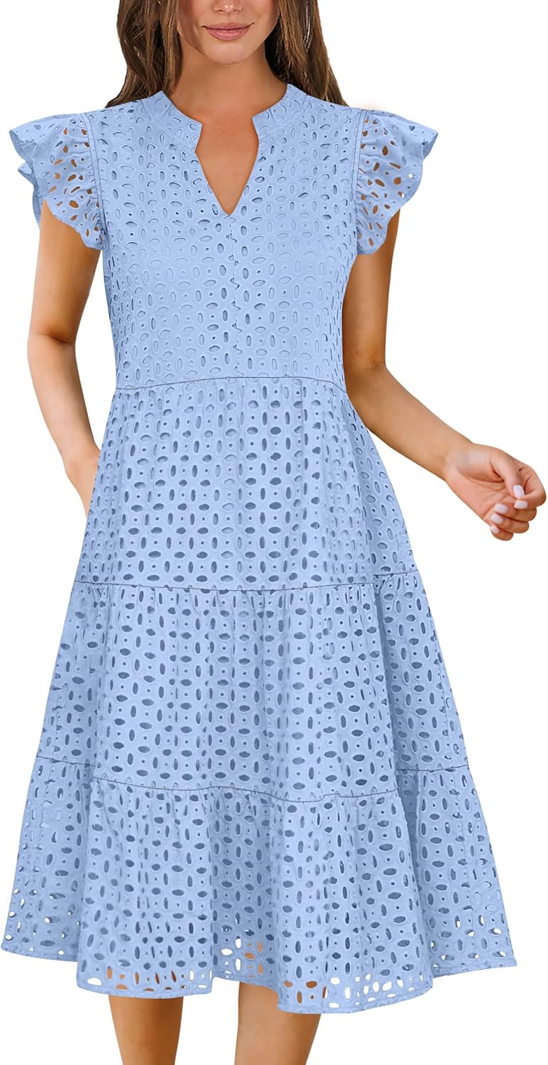 ANRABESS Womens 2026 Summer Midi Dress Hollow Out Eyelet Ruffle Sleeve V Neck Casual Flowy Tiered Beach Vacation Sundress