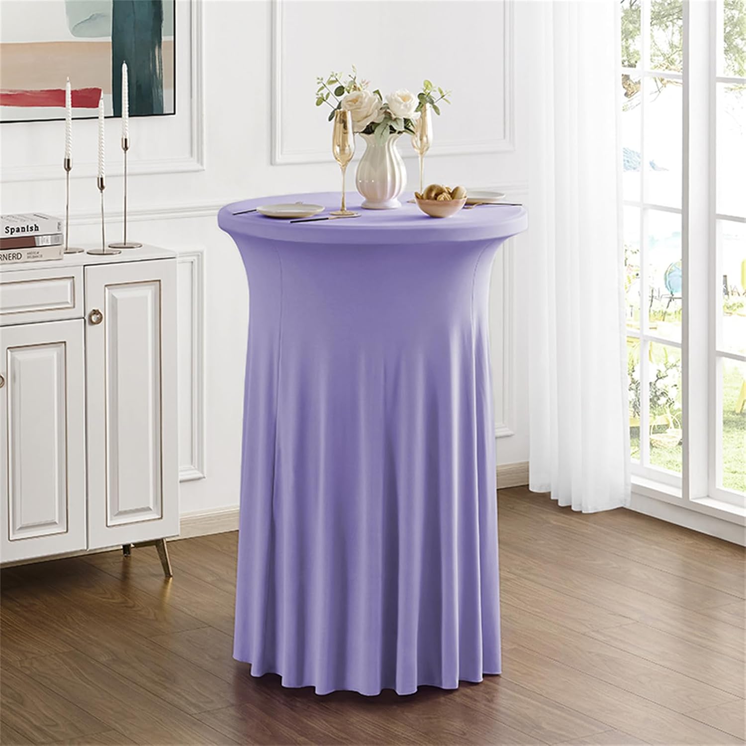 Rakila 2 Pack Round 43 x 32 Inch Spandex Cocktail Tablecloth with Wavy Skirt Violet Fitted Stretch Table Cover for Bar Wedding Party image 2