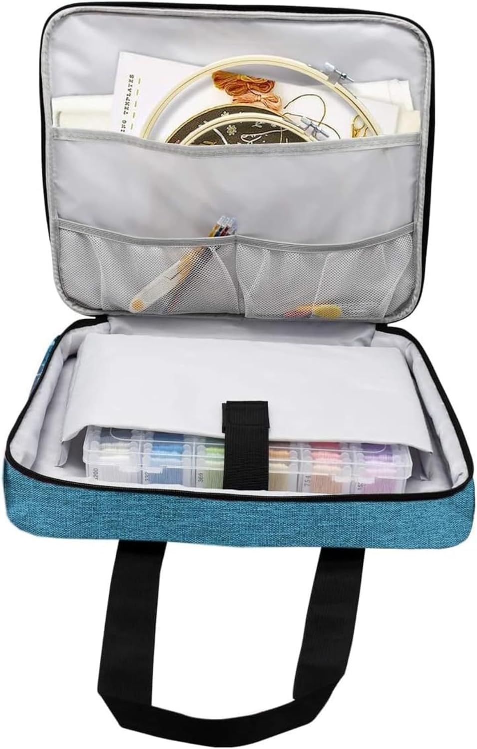 ATTERET Full Range Embroidery and Cross Stitch Starter Kit with Premium Storage Organizer Bag, Includes 99 DMC Coded Cotton Threads, 9 Metallic Floss, 3 Hoops, Needles, Scissors + More (Turquoise)