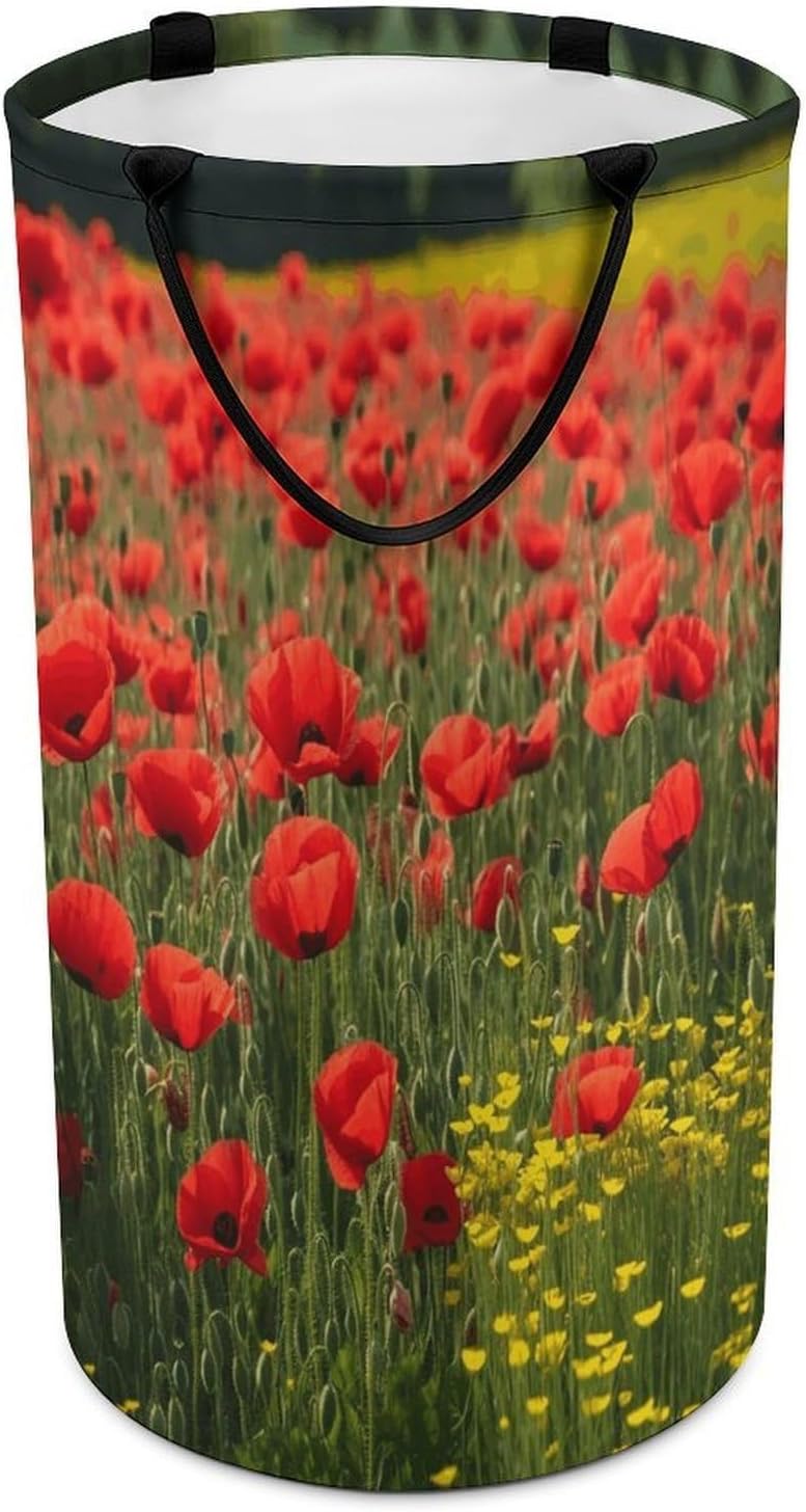 Red Poppy Field Farm Meadow LandscapeLaundry Hamper - Large Dirty Clothes Bag.Storage Basket for Easy Carry Handles. Large Clothes Basket with Handles, Clothing Storage Bucket Toy Organizer for Bathr