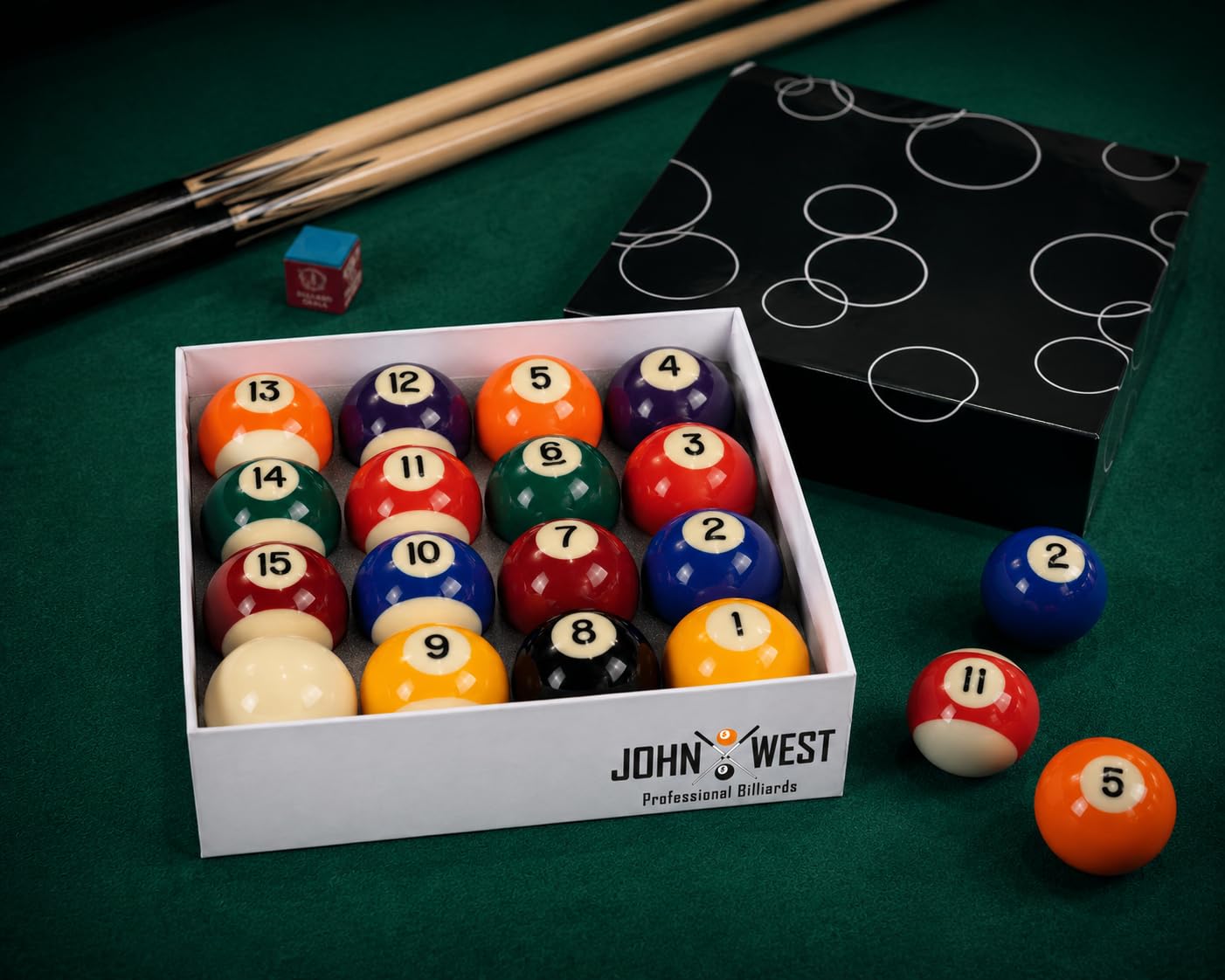 John West Pool Billardkugeln 57 mm Komplettes Set | Mit Spielkugel, Aufbewahrungsbox, Für Hobby, Freizeit & Gaststätte, Poolbillard