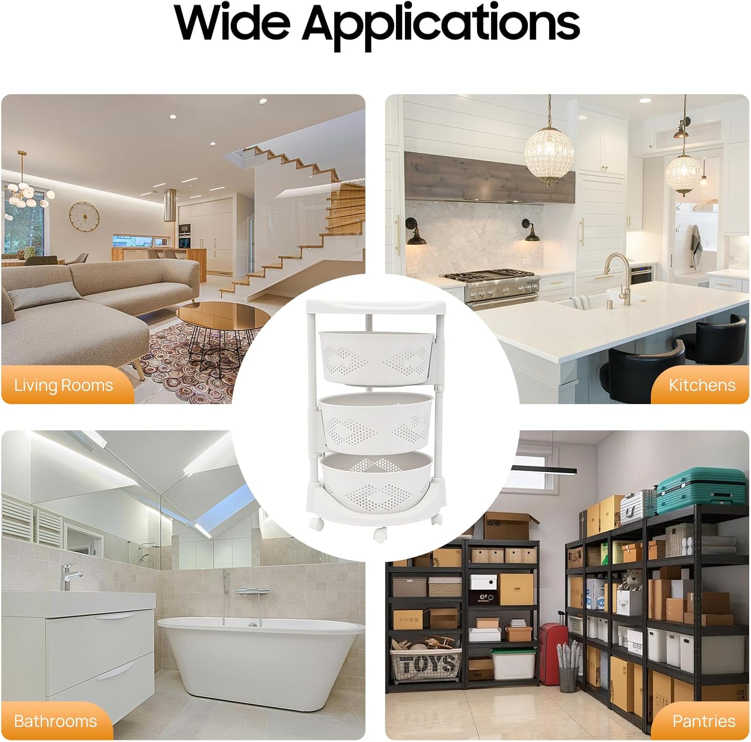 Storage Cart, 3-Tier Rotating Storage Shelf, Kitchen Detachable 180° Rotatable Baskets, Living Room PP Corner Rack w/Brake Caster & Top Platform, Bathroom Round Rolling Organizer, 14.37 * 23.62in