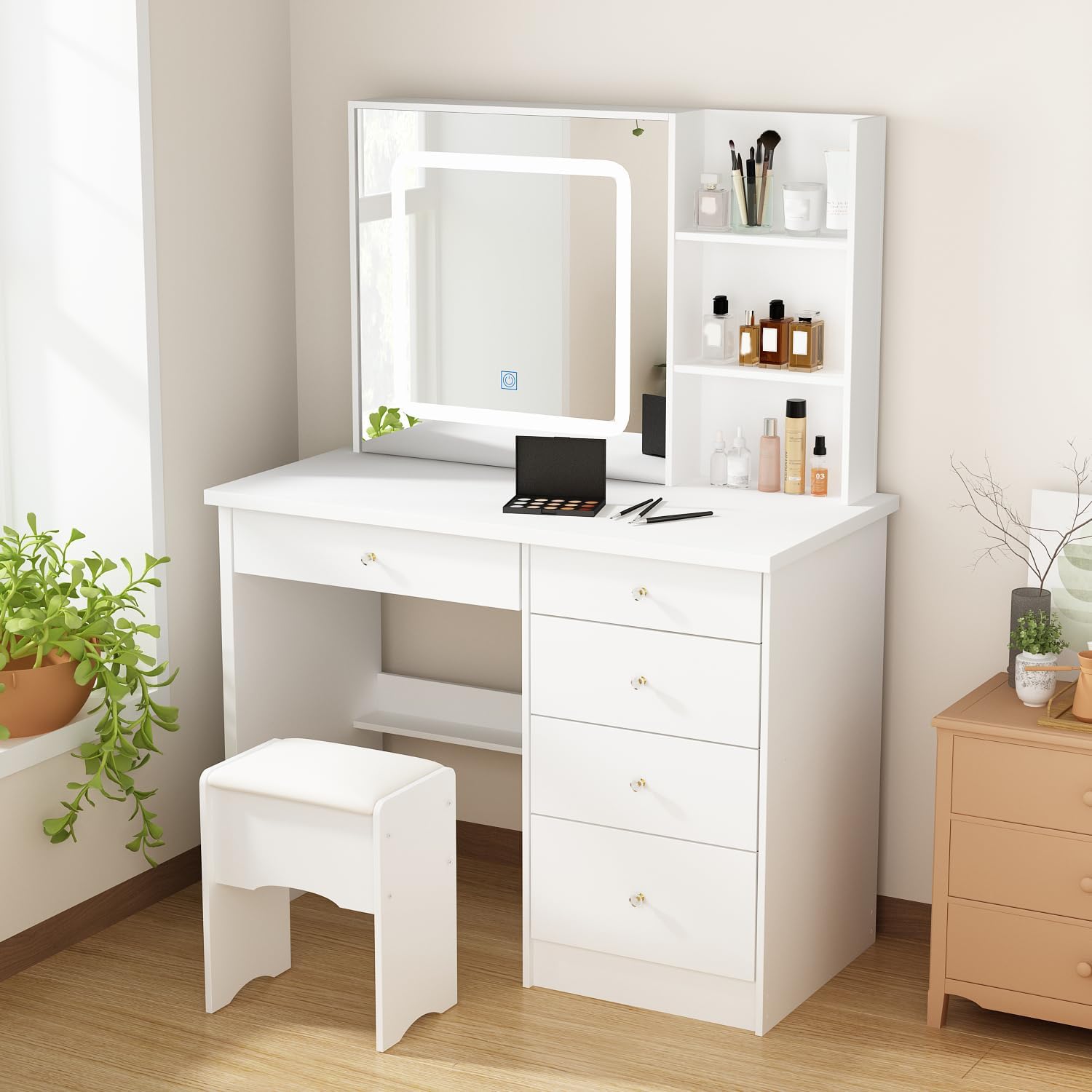 Hitow Vanity Desk Set with Sliding Lighted Mirror, Makeup Vanity with Drawer & Shelf, Dressing Table with Cushion Stool & Hidden Storage for Bedroom, Black