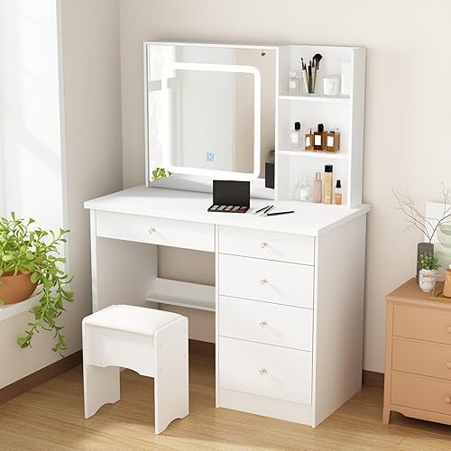 AIEGLE Juego de escritorio de tocador con espejo cuadrado iluminado, 3 colores con iluminación LED, cajón de maquillaje con estantes abiertos y