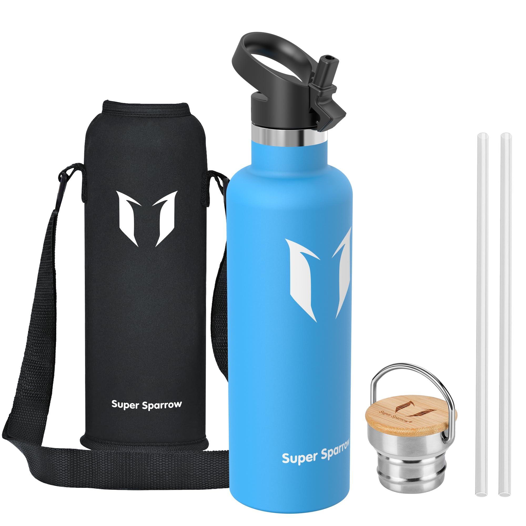 Super Sparrow Water Bottle Stainless Steel - 1000ml - Insulated Metal Water Bottles - Standard Mouth Flask - BPA Free - Straw Bottle for Work, Gym, Sports - 2 Lids