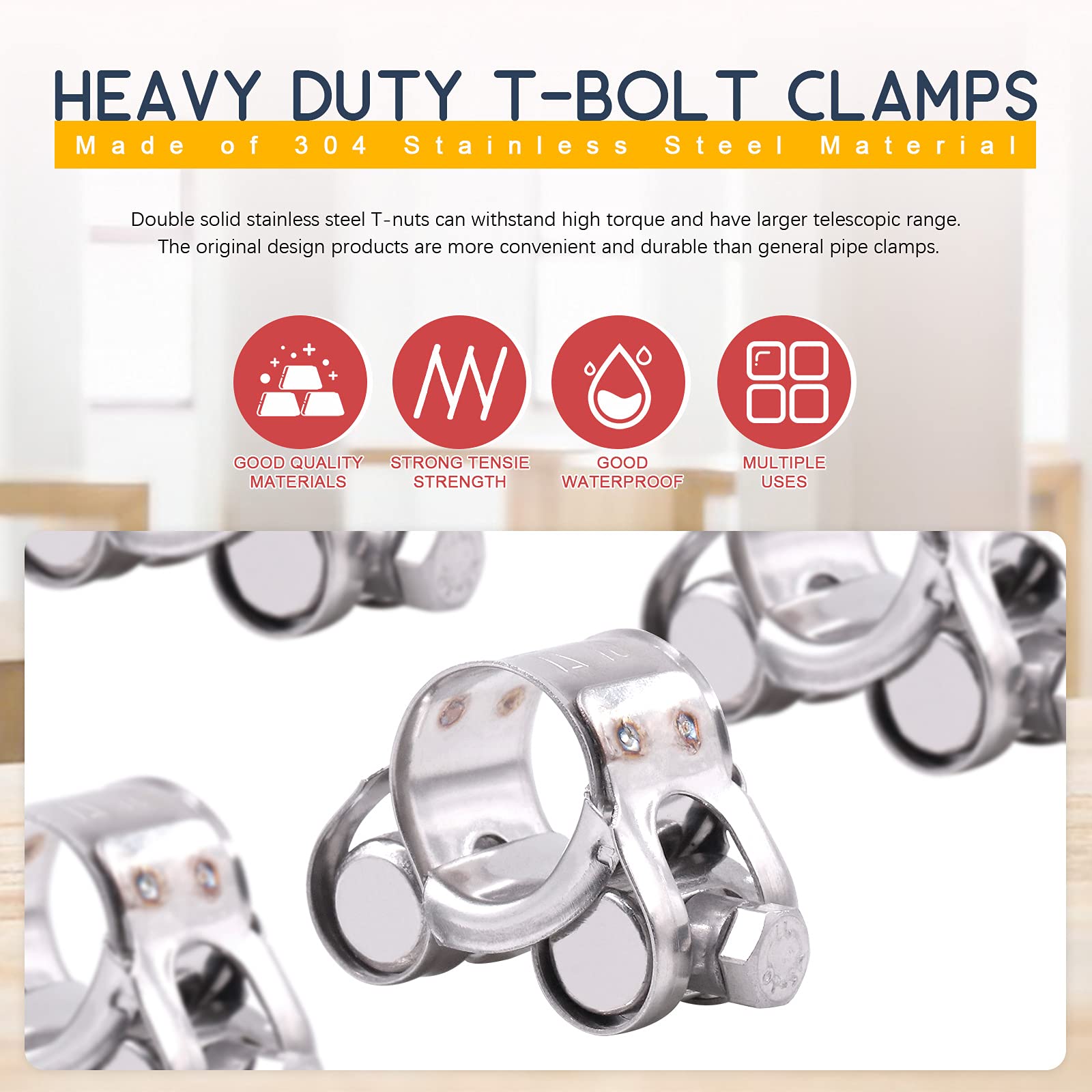 Hilitchi 304 Stainless Steel T-Bolt Clamp Heavy Duty T-Bolt Pipe Tube Hose Clamps (6PCS, 17-19MM), Metallic - Image 3