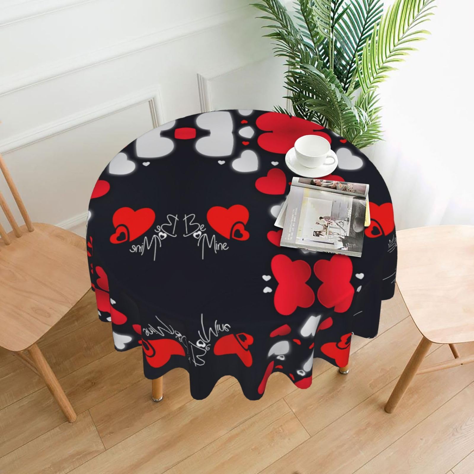 SDEGTHO Happy Valentine's Day Print Modern Retro Round Tablecloth 60in Polyester Fabric Cover for Party Dining Table Washable