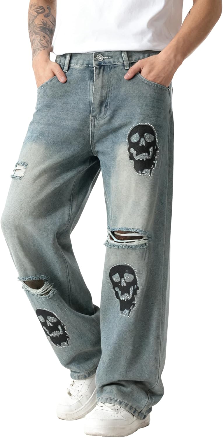 Men's Skeleton Graphic Baggy Jeans Skull Embroidered Distressed Denim Pants Y2K Streetwear Loose Fit Stacked Trousers