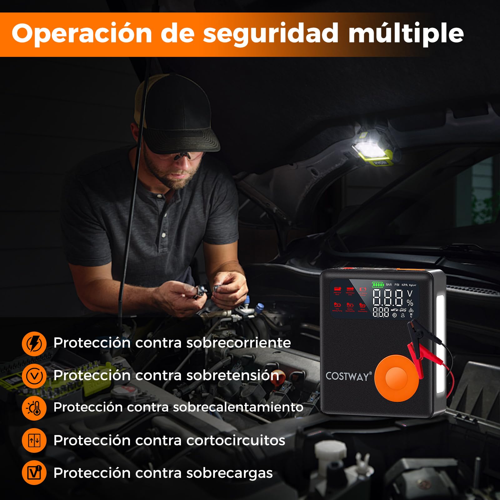 COSTWAY Arrancador de Batería de Coche, 2000A 12V 13000mAh con Compresor de Aire, Inflador de Neumáticos Digital de 150PSI, Pantalla LED, y Luz de Emergencia, para 8L de Gasolina y 5L de Diésel