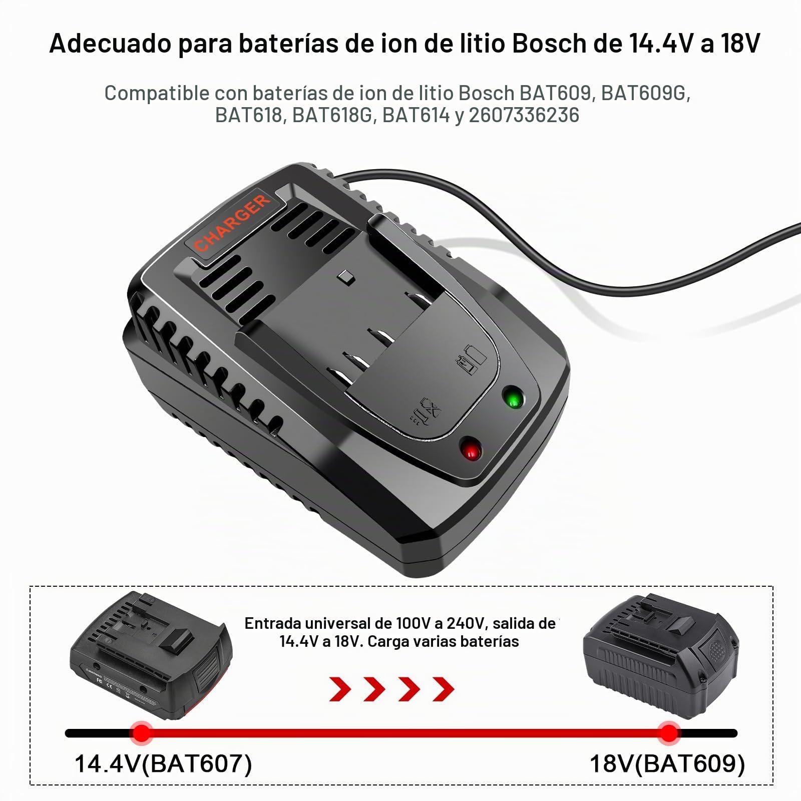 ARyee Cargador para Bosch 18V 14.4V Batería BC660 BC1880 BAT609 BAT609G BAT618 BAT618G BAT614 BAT614G YEX-Bur