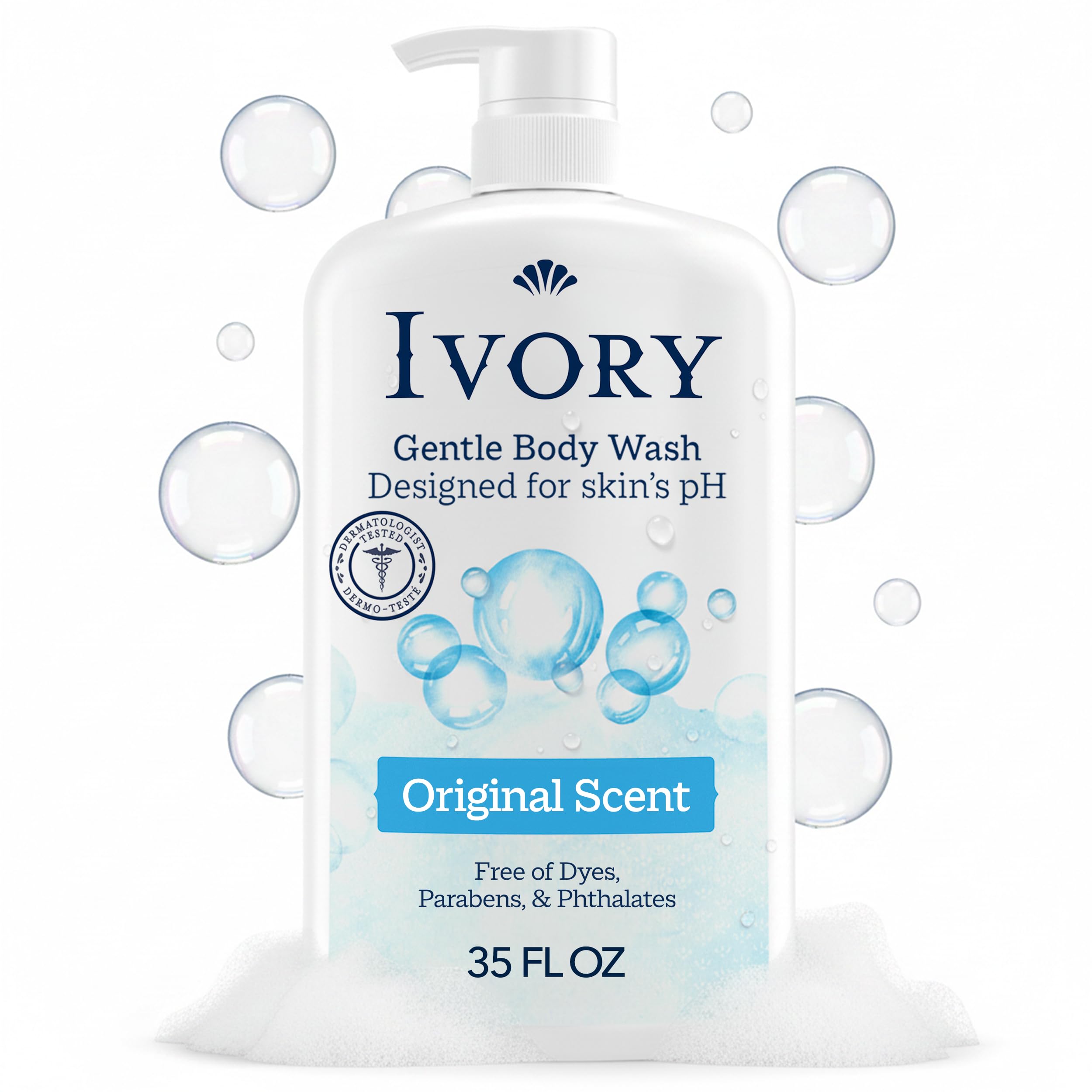 Ivory Body Wash, Gentle Formula, Free of Dyes Perfumes Parabens, for Sensitive Skin, Original Scent, 35 oz