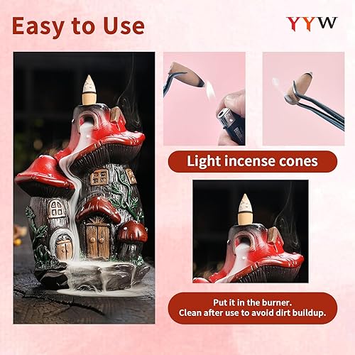Miniatura 3 de YYW Quemador de incienso con reflujo de hongos, soporte de incienso de resina, bonita cascada de incienso de hongos con 20 conos de incienso de