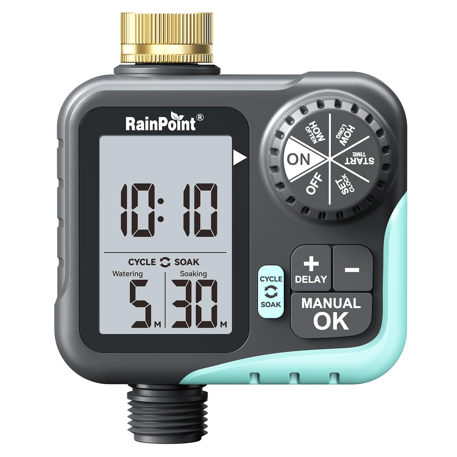 RAINPOINT Timer irrigatore per tubo da giardino, timer con ciclo e ammollo/ritardo pioggia/irrigazione automatica/irrigazione manuale, sistema di irrigazione programmabile con ampio display per prato