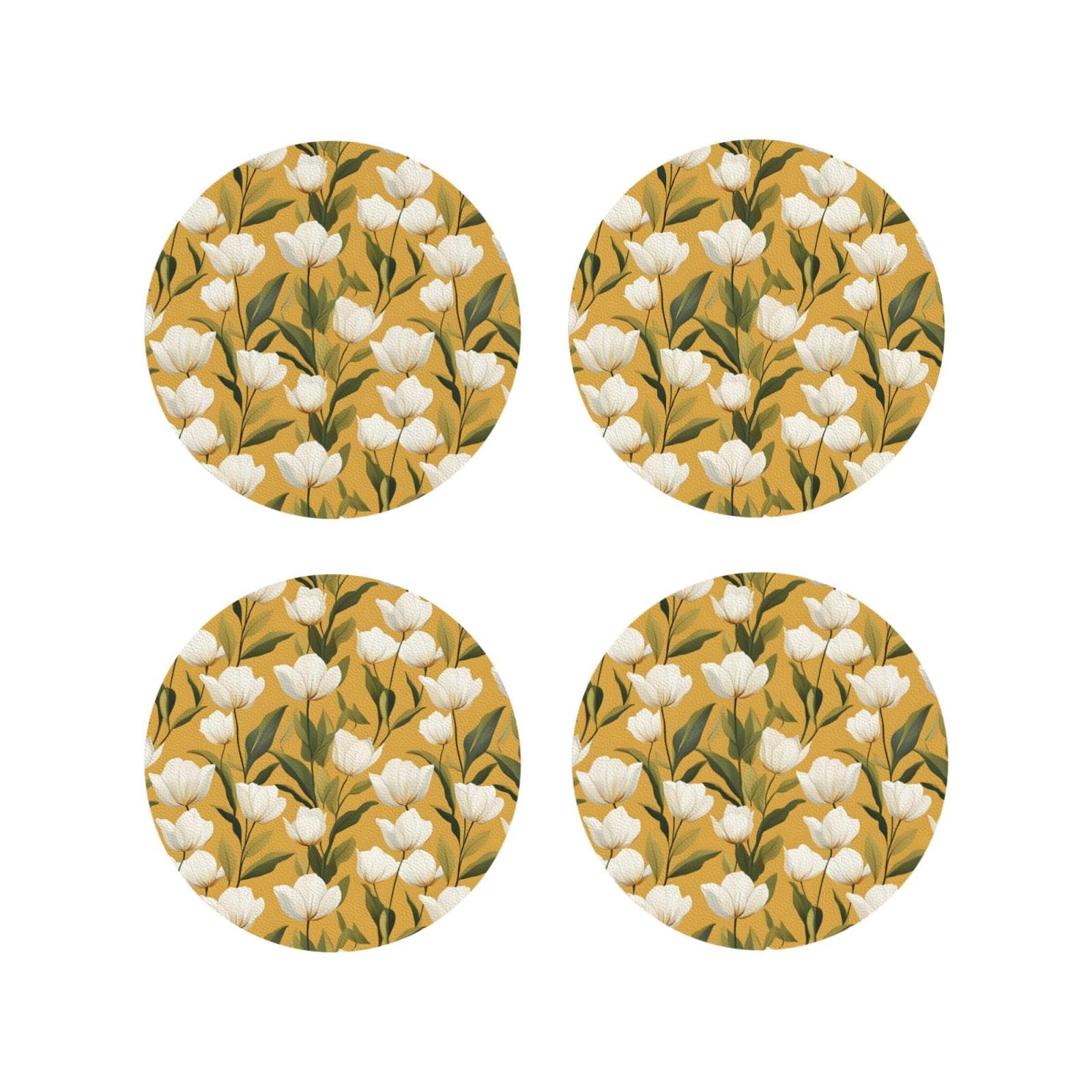 Smazdfxx Women's As Pic Leather Coasters Set Of 4 - White Tulip Print Lightweight Drink Coasters For Desk