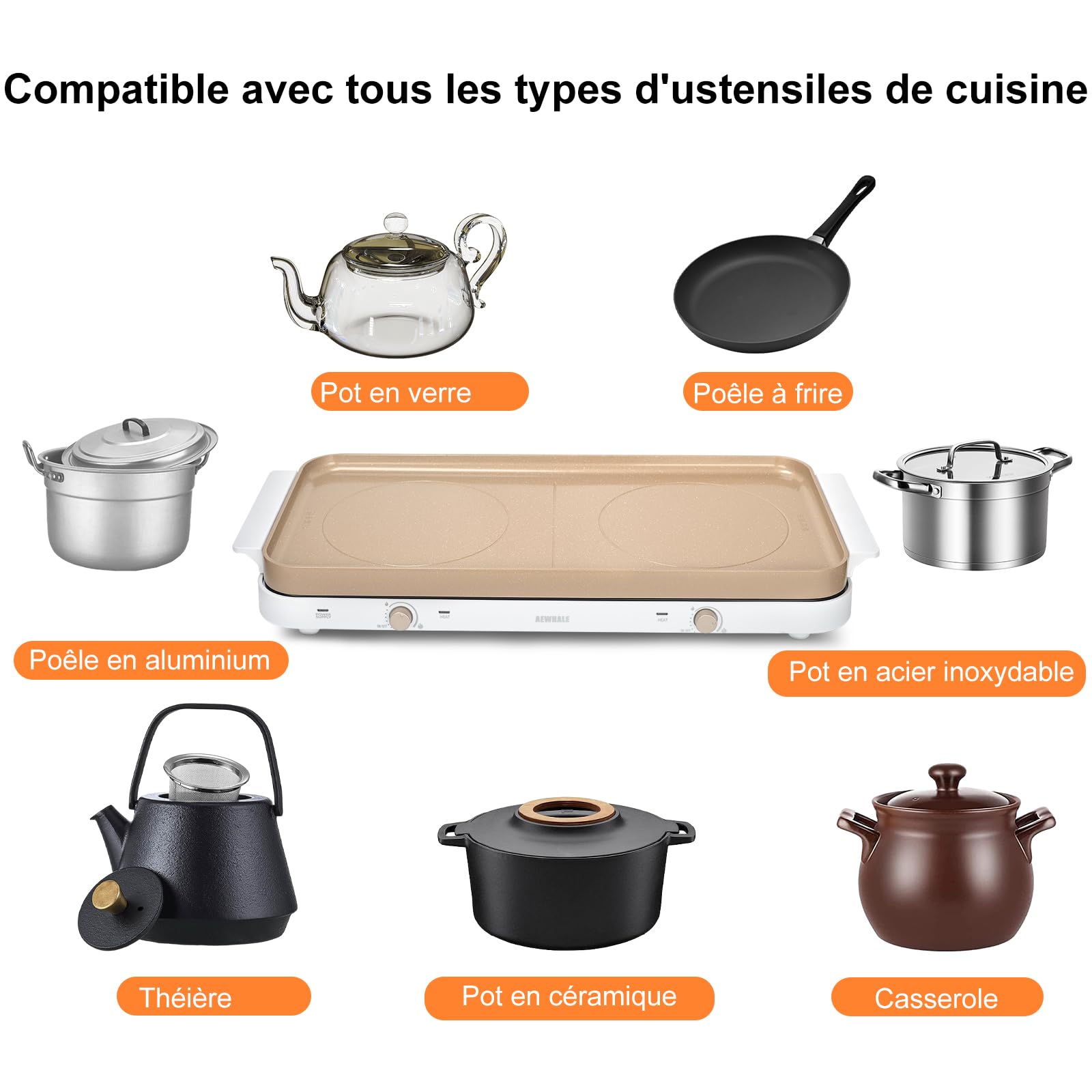 AEWHALE 1000W+1000W Plaque de Cuisson Electrique 2 Feux Doré | Plaque de Gril Amovible Antiadhésive en Céramique, Température Réglable pour Le Jardin, la Cuisine à Domicile et Le Camping