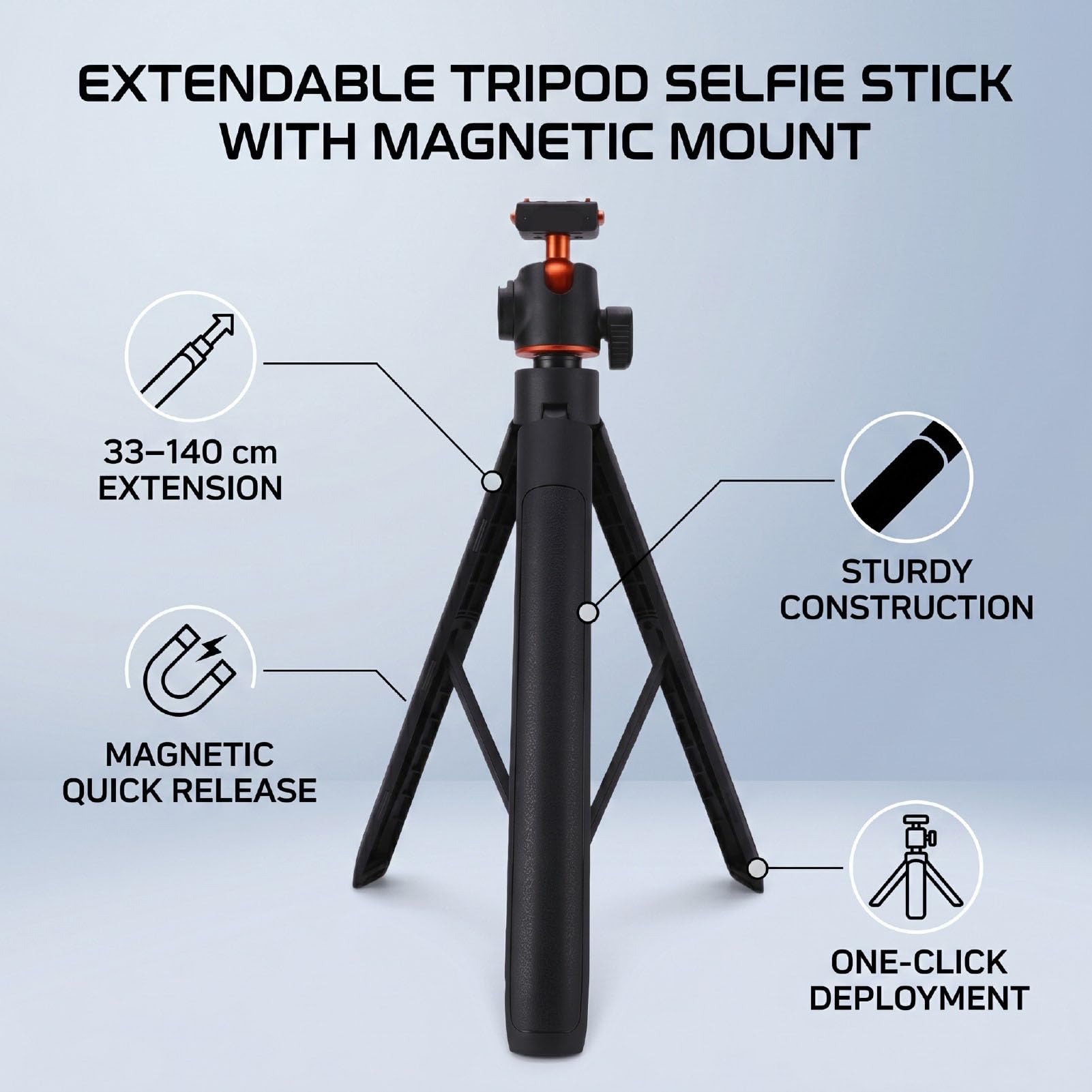 Asta Selfie per Fotocamera con Supporto Magnetico, Treppiede con Asta di Prolunga 140 Cm 55 Pollici Pieghevole Supporto in Lega di Alluminio con Rotazione a 360° con Testa a