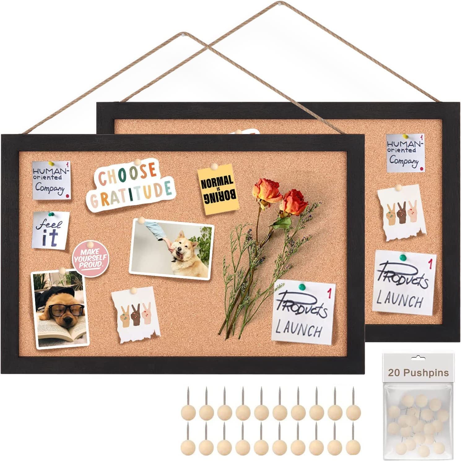 Emfogoo Cork Board, 2 Pack Cork Boards for Walls, 40x30cm Pin Notice Board Vision Board Bulletin Board with Wood Frame Hanging for Home School Office Bedroom Kitchen 20 Pushpin (Vintage Black)