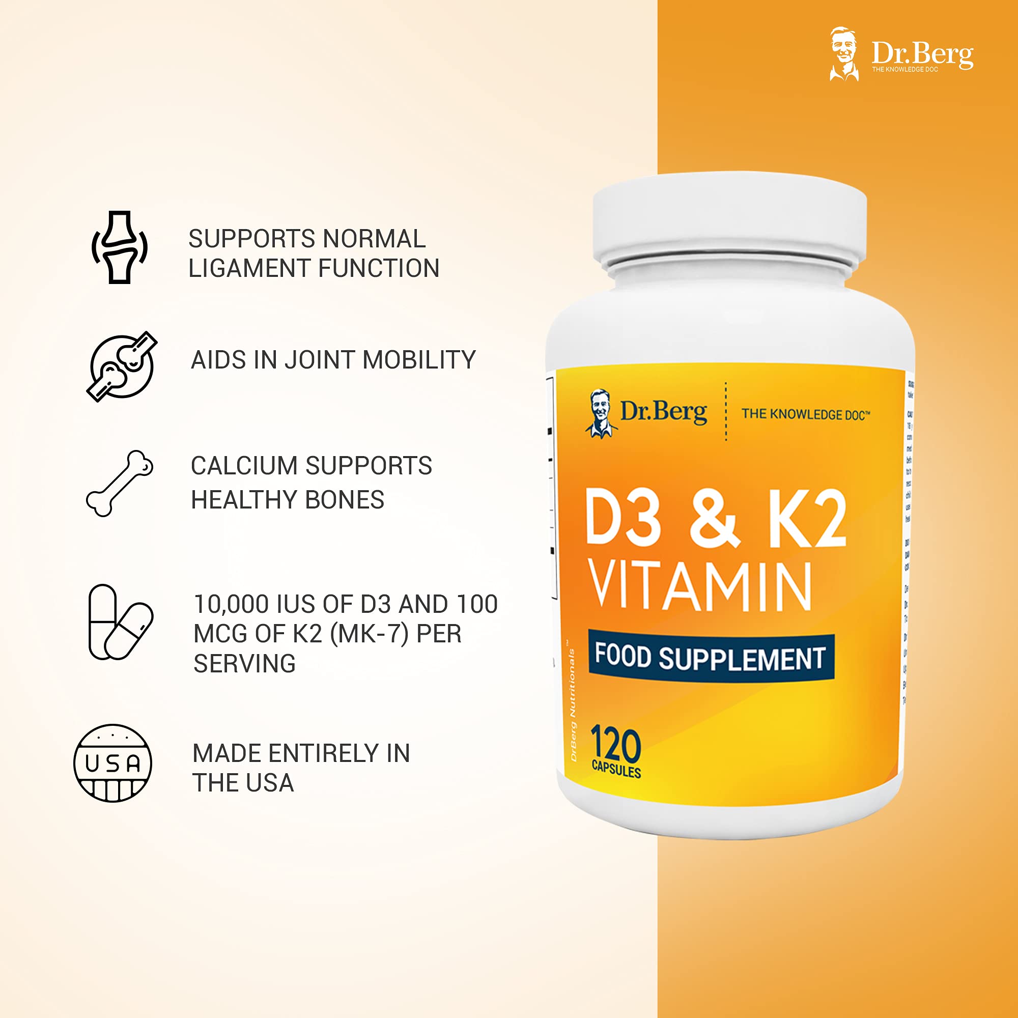 Dr. Berg's D3 & K2 Vitamin D3K2 Supplement for Normal Joints, Bone