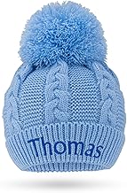 Personalised Baby Beanie Hat with Pom Pom Custom Knitted Winter Hat with Name Embroidery Soft Cable Knit Beanie for Boys & Girls, Newborn to 12 Months – Ideal Baby Gift Keepsake