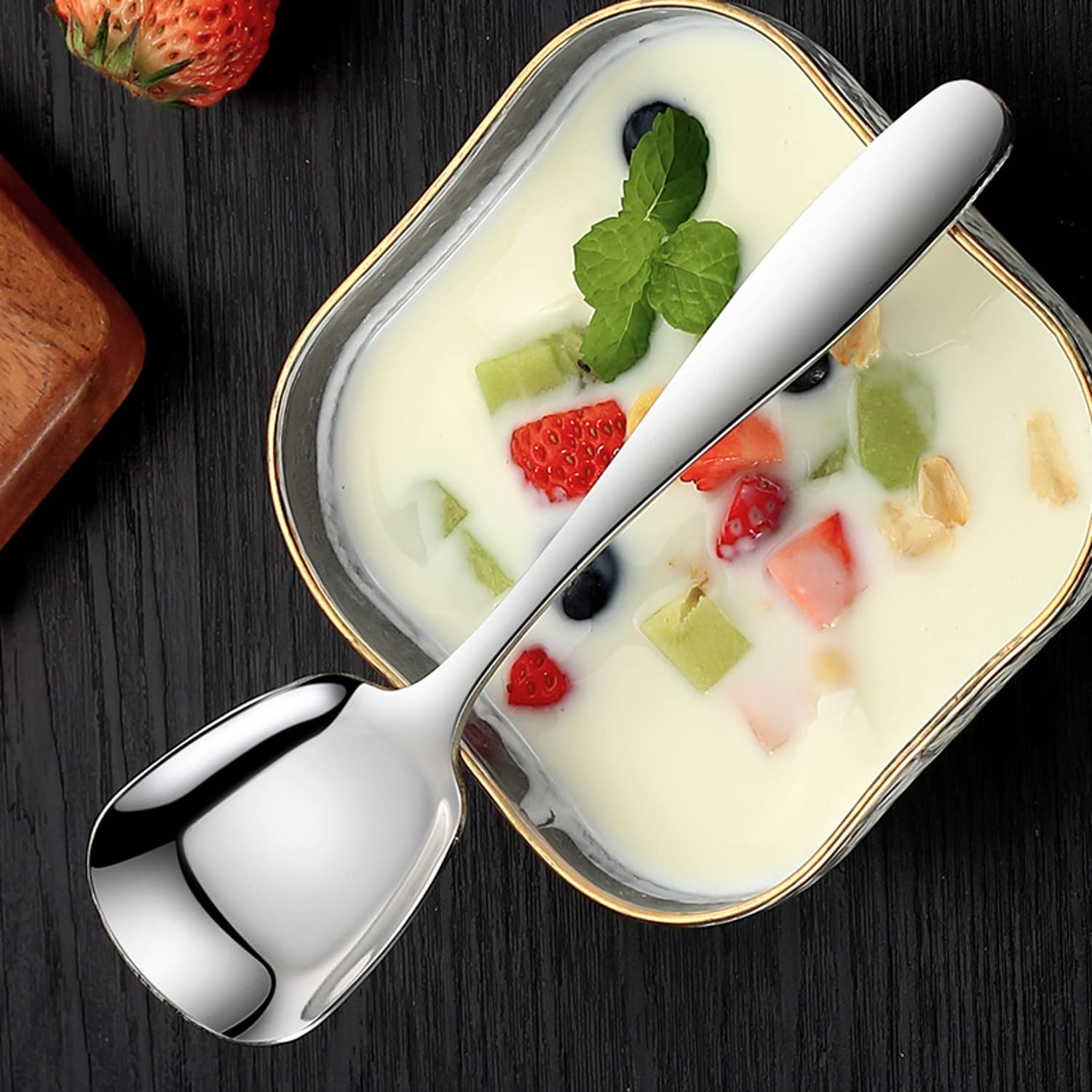 Mockery Stainless Steel Square Flat Spoon Coffee Spoon Dessert Spoon Ice Cream Shovel Retro Cute Square Head Spoon Kitchen Gadget Tableware Square Long Spoon Iced Tea Spoon (Pack of 4, Big) 2