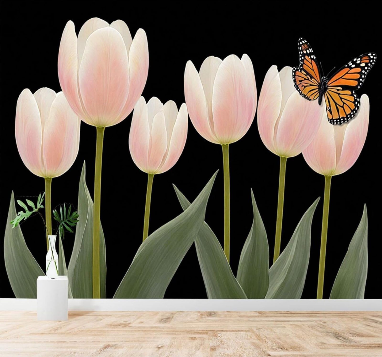 XLMING Beautiful Pink Tulips Butterflies Green Leaves Black 3D Wallpaper Premium Textured Silk Study Dining Living Room Bedroom Sofa TV Wall Easy Install-350cm×256cm
