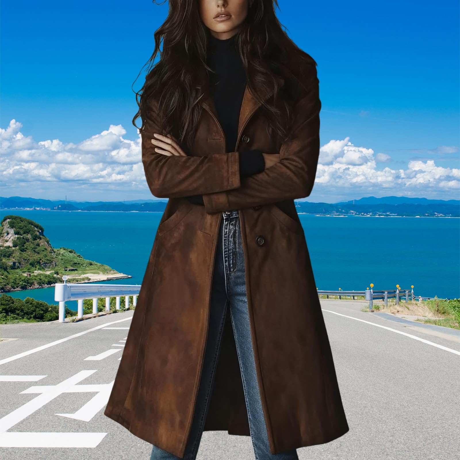 Trench lungo da donna in finta pelle scamosciata con risvolto monopetto, trench in finta pelle scamosciata, cappotto autunno inverno