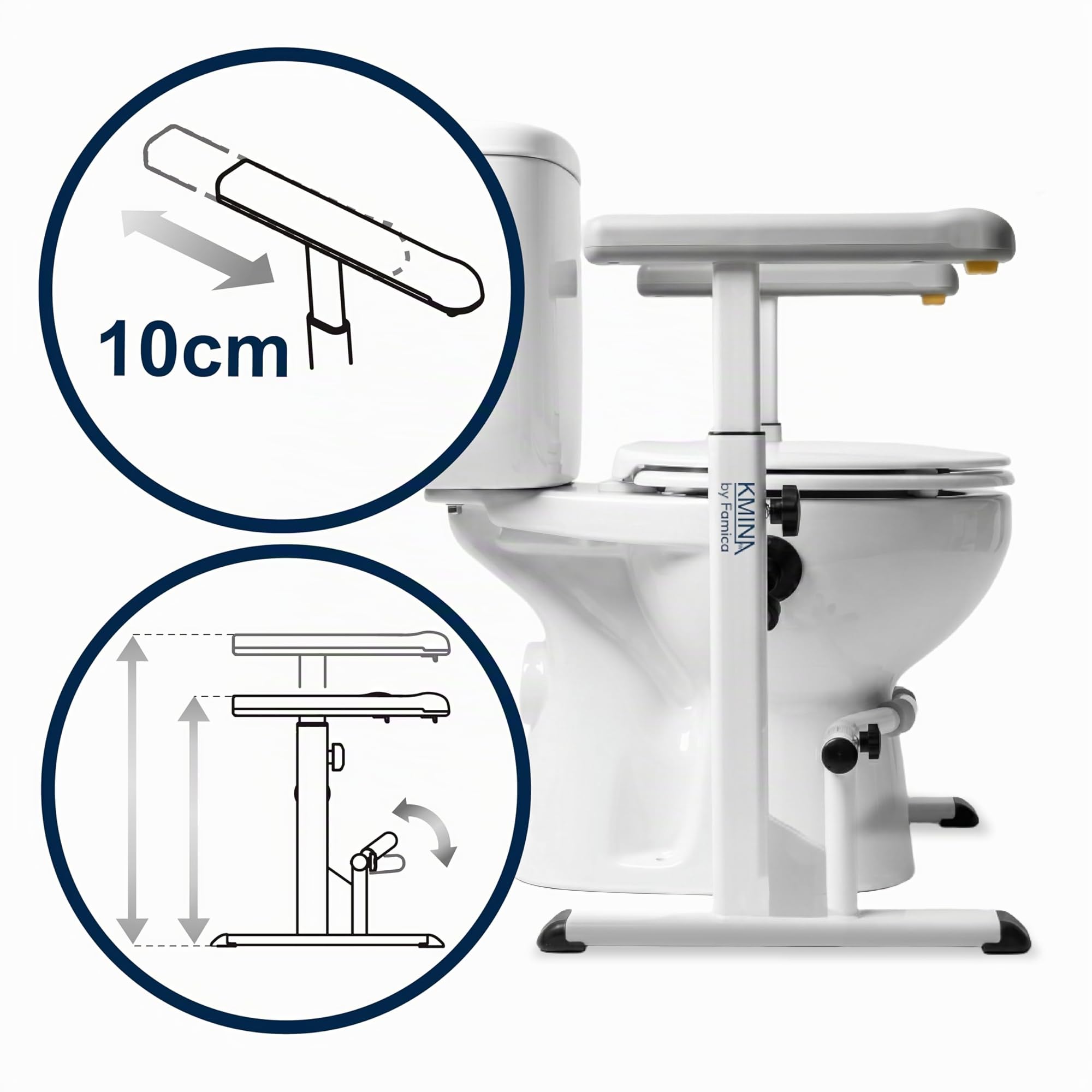 KMINA Supporto WC con Braccioli per Anziani e Disabili, Telaio di Sostegno Regolabile per Alzarsi dal Water, Senza Forare con Ventose Laterali, Altezza 63-75cm Larghezza 68-75cm, Acciaio Inox