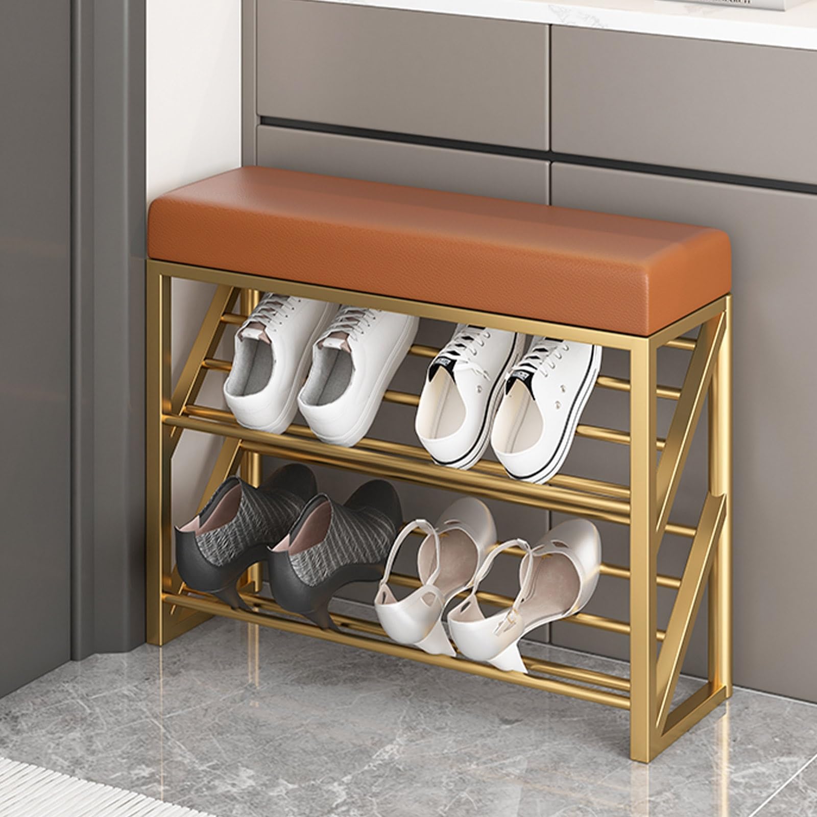 WJFTODAY Modern Upholstered Shoe Bench for Entryway 2 Tier Shoe with Metal Legs Stylish Storage Rack for Bedroom & Hallway (Orange 31.5x9.8in)