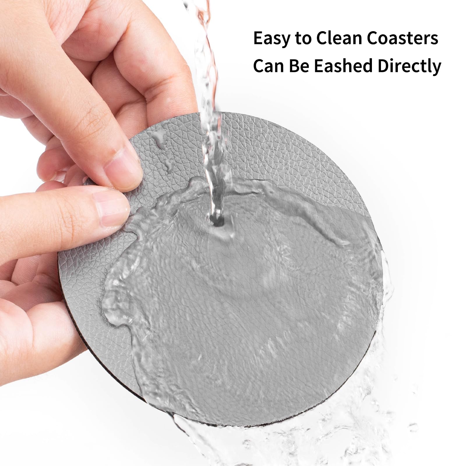 Chitomars Faux Leather Drink Coasters with Holder, Dual Sided Sets of 12, Blue Grey, Round - Image 4
