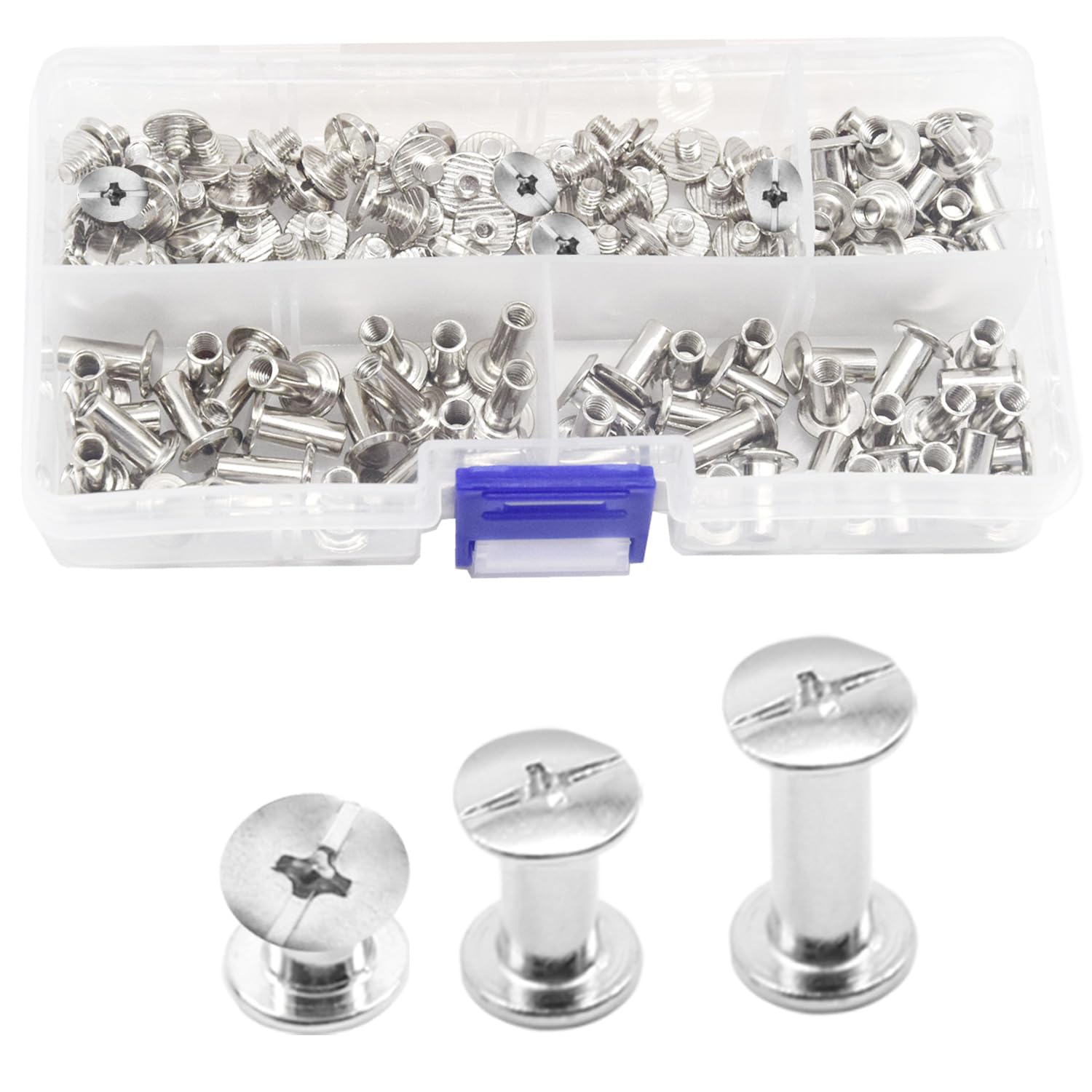 CEEYSEE 150PCS(75Set) Silvery Chicago Screws Assorted Kit Nail Rivet Chicago Button for DIY Leather Decoration Bookbinding Round Flat Head Stud Screw (M5 x 6/10/12mm)