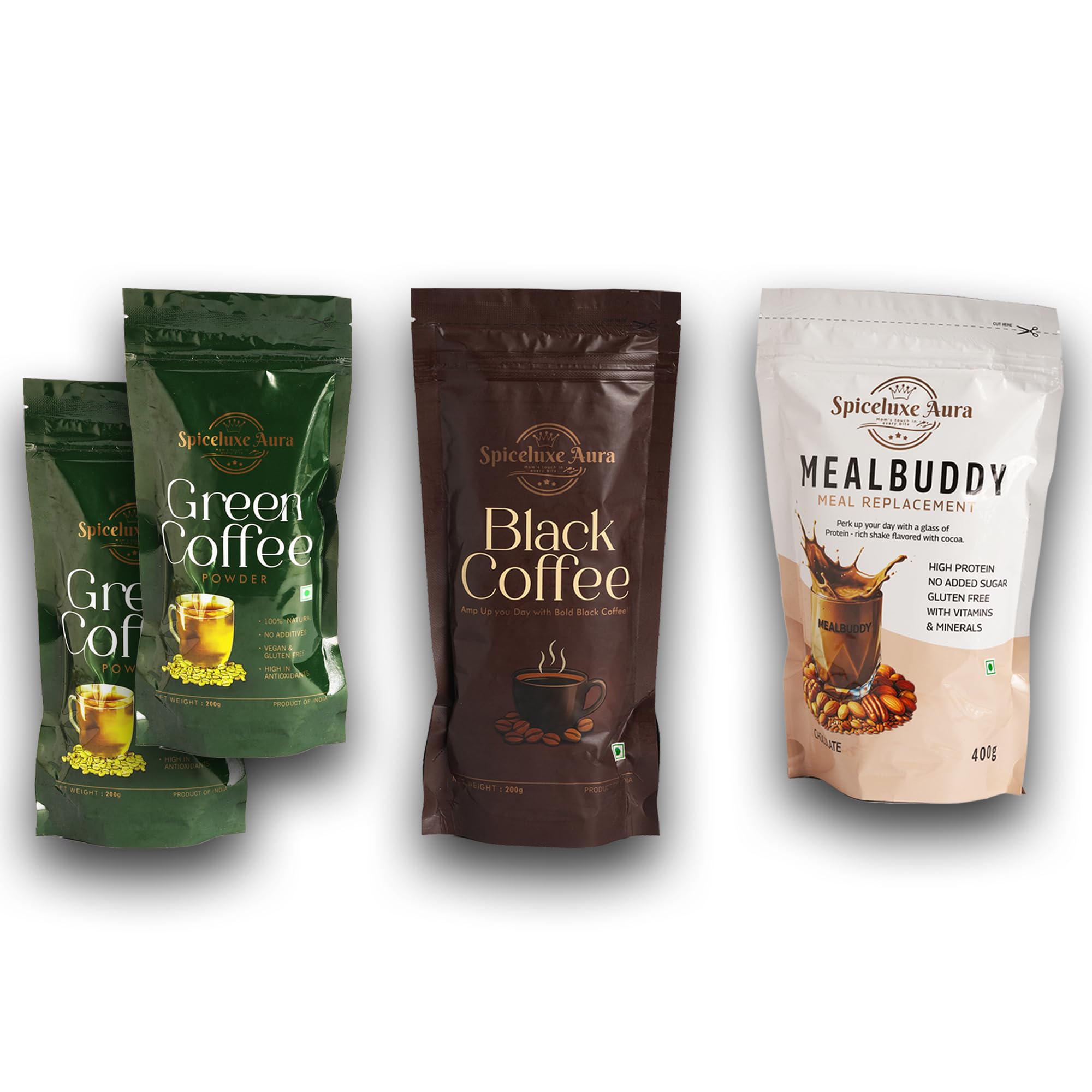 Spiceluxe Aura MealBuddy Combo with Black Coffee 200g and Green Coffee Powder 200g, Meal Replacement, High Protein, Gluten Free-image-38