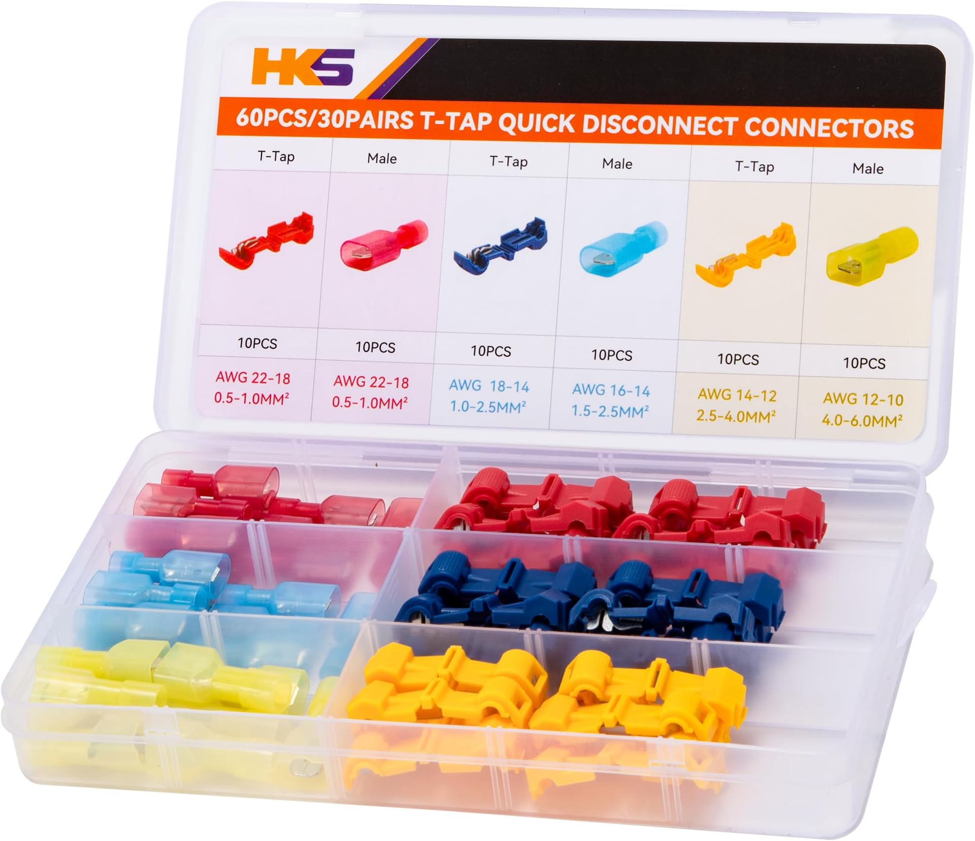 HKS 60PCS/30 Pairs 22-12 AWG T-TAP Wire Connector - Quick Splice Disconnect - Electrical Self-Stripping Terminals Kit Automotive Crimp Insulated