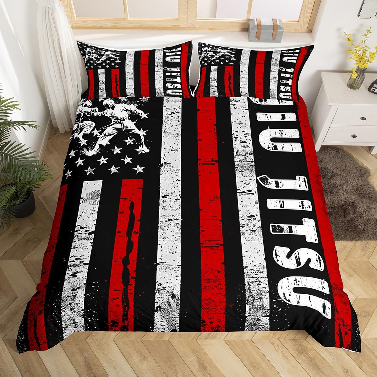 Parure de lit JiuJitsu 3 pièces housse de couette judo japonais drapeau américain